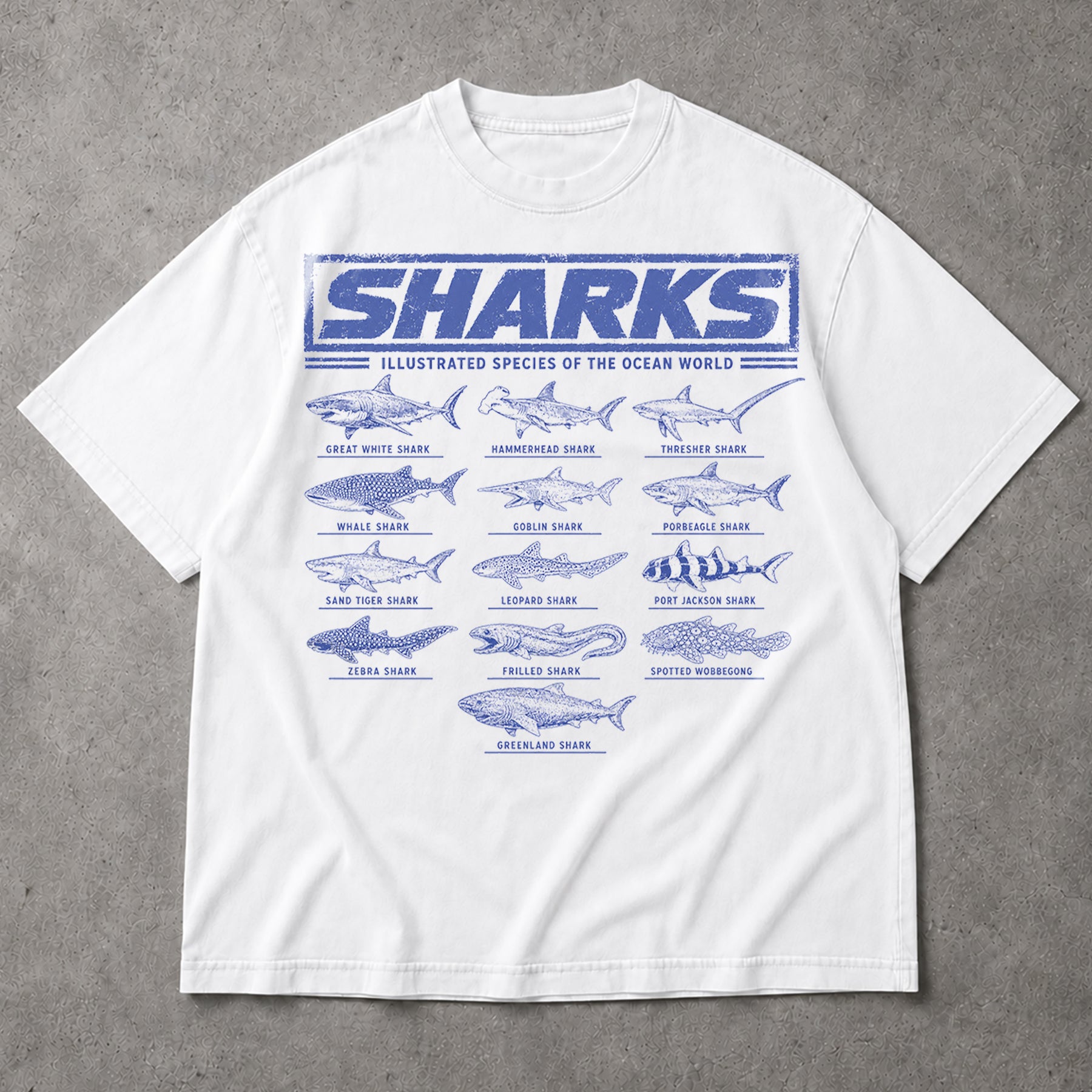SF_COLOR=white; SF_ITEM=adult-t-shirt; SF_ROLE=main; Vintage Sharks Illustrated Species T-Shirt Marine Biology Ocean Animal Apparel - White Adult T-Shirt product image