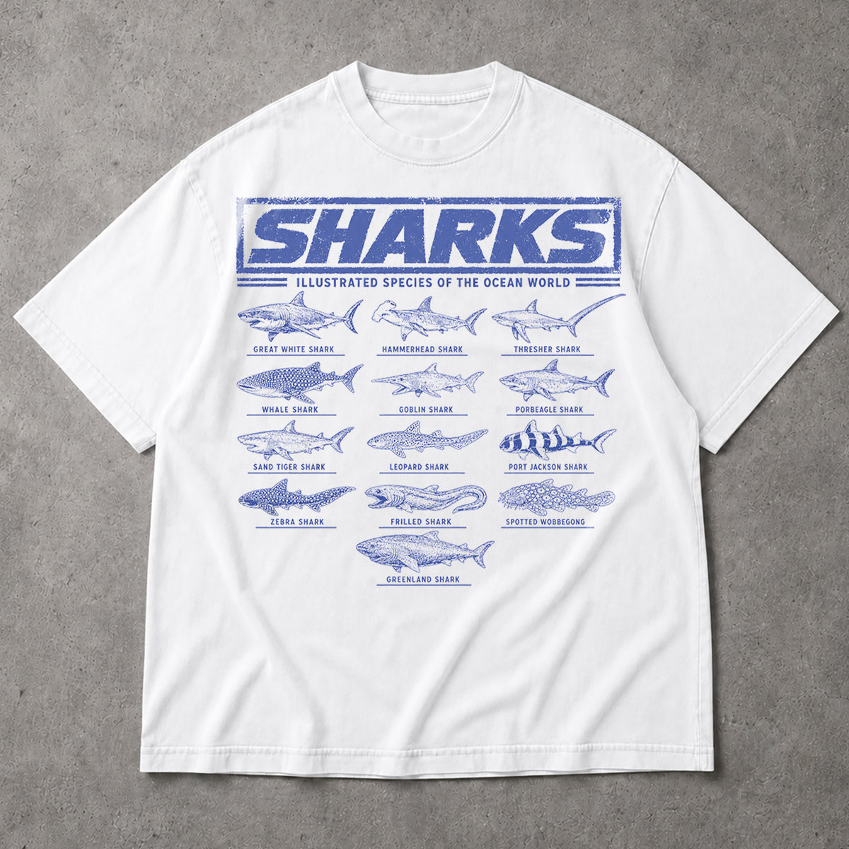 SF_COLOR=white; SF_ITEM=adult-t-shirt; SF_ROLE=main; Vintage Sharks Illustrated Species T-Shirt Marine Biology Ocean Animal Apparel - White Adult T-Shirt product image