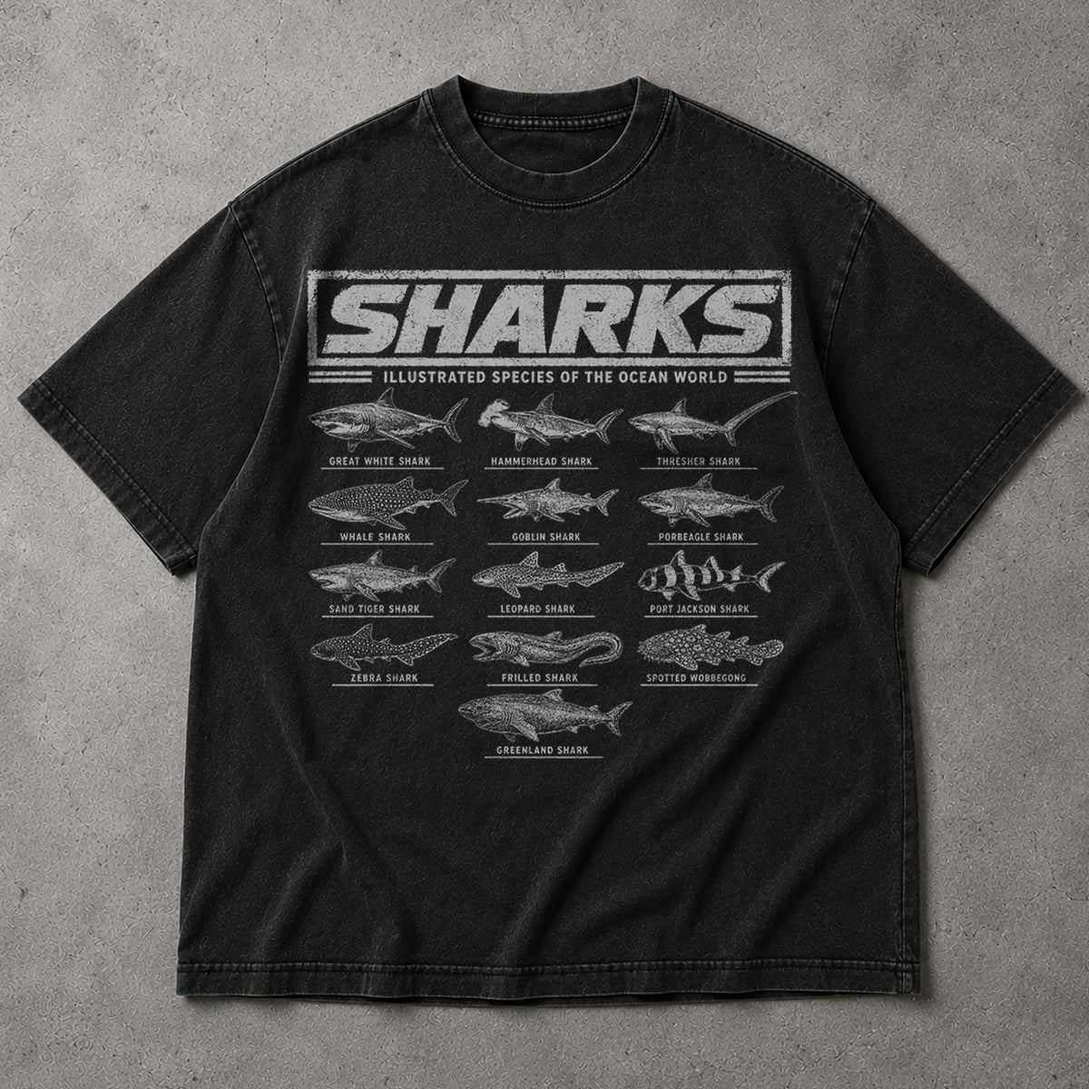 SF_COLOR=black; SF_ITEM=adult-t-shirt; SF_ROLE=main; Vintage Sharks Illustrated Species T-Shirt Marine Biology Ocean Animal Apparel - Black Adult T-Shirt product image