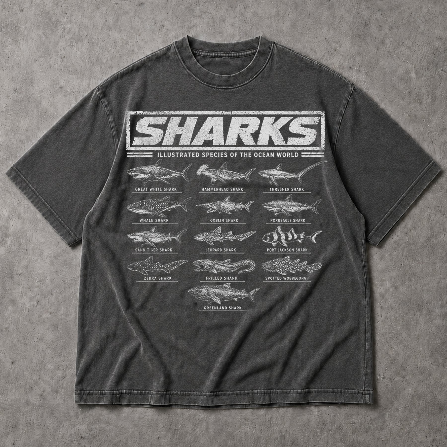 SF_COLOR=dark-heather; SF_ITEM=adult-t-shirt; SF_ROLE=main; Vintage Sharks Illustrated Species T-Shirt Marine Biology Ocean Animal Apparel - Dark Heather Adult T-Shirt product image
