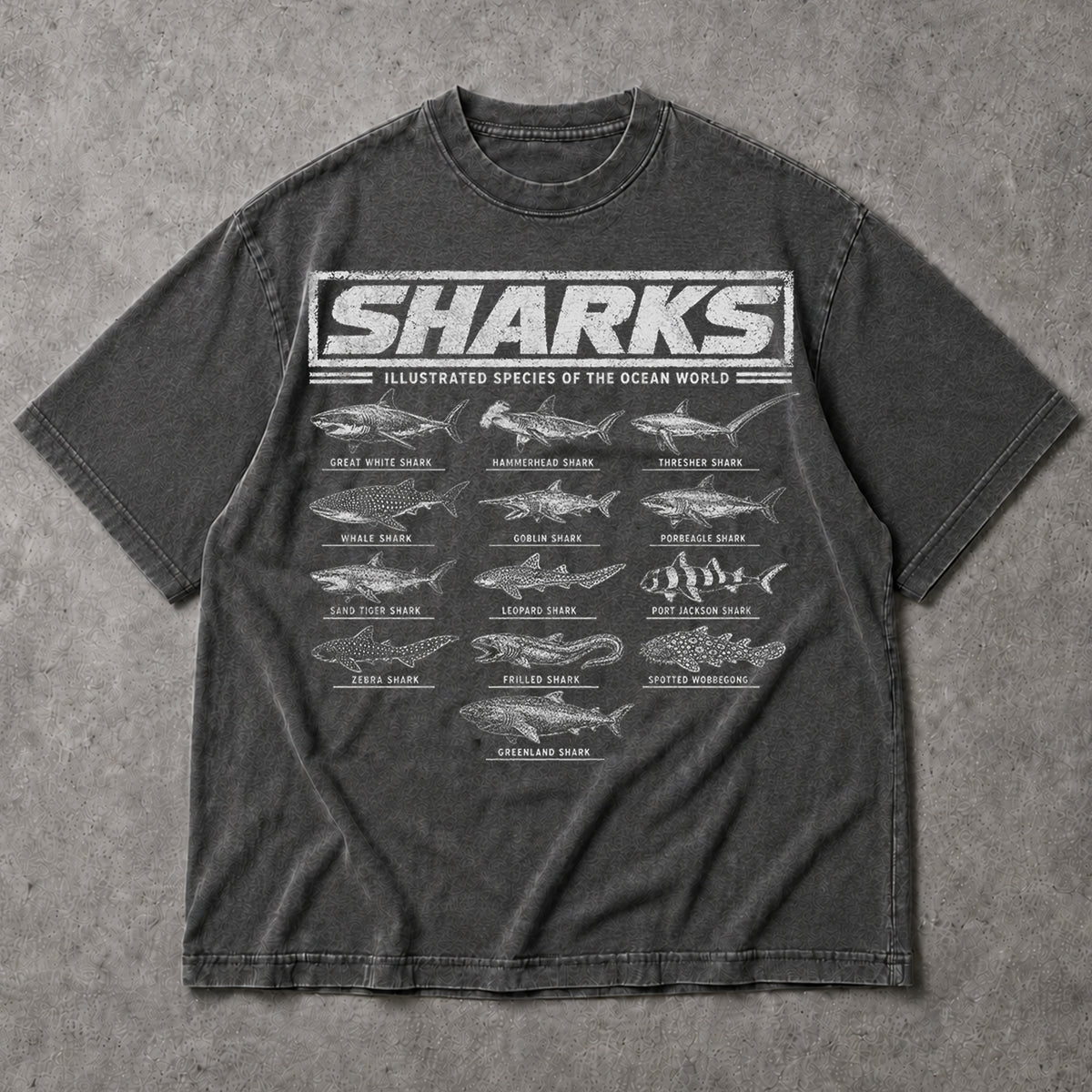 SF_COLOR=dark-heather; SF_ITEM=adult-t-shirt; SF_ROLE=main; Vintage Sharks Illustrated Species T-Shirt Marine Biology Ocean Animal Apparel - Dark Heather Adult T-Shirt product image