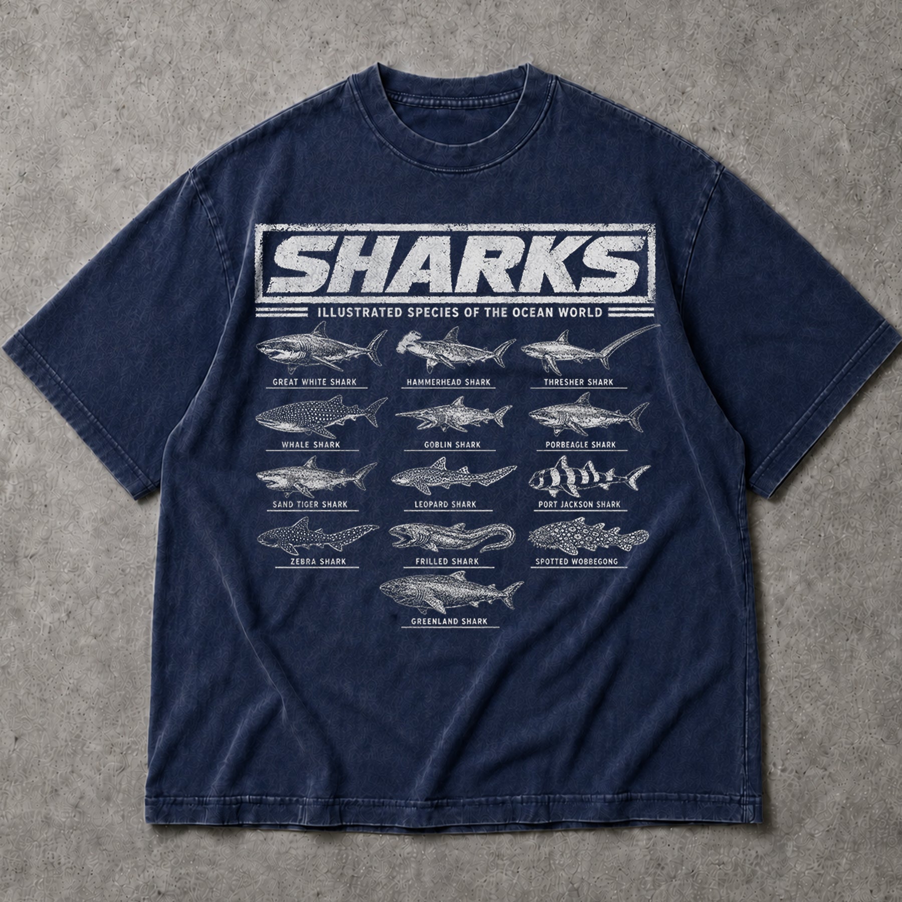 SF_COLOR=navy; SF_ITEM=adult-t-shirt; SF_ROLE=main; Vintage Sharks Illustrated Species T-Shirt Marine Biology Ocean Animal Apparel - Navy Adult T-Shirt product image