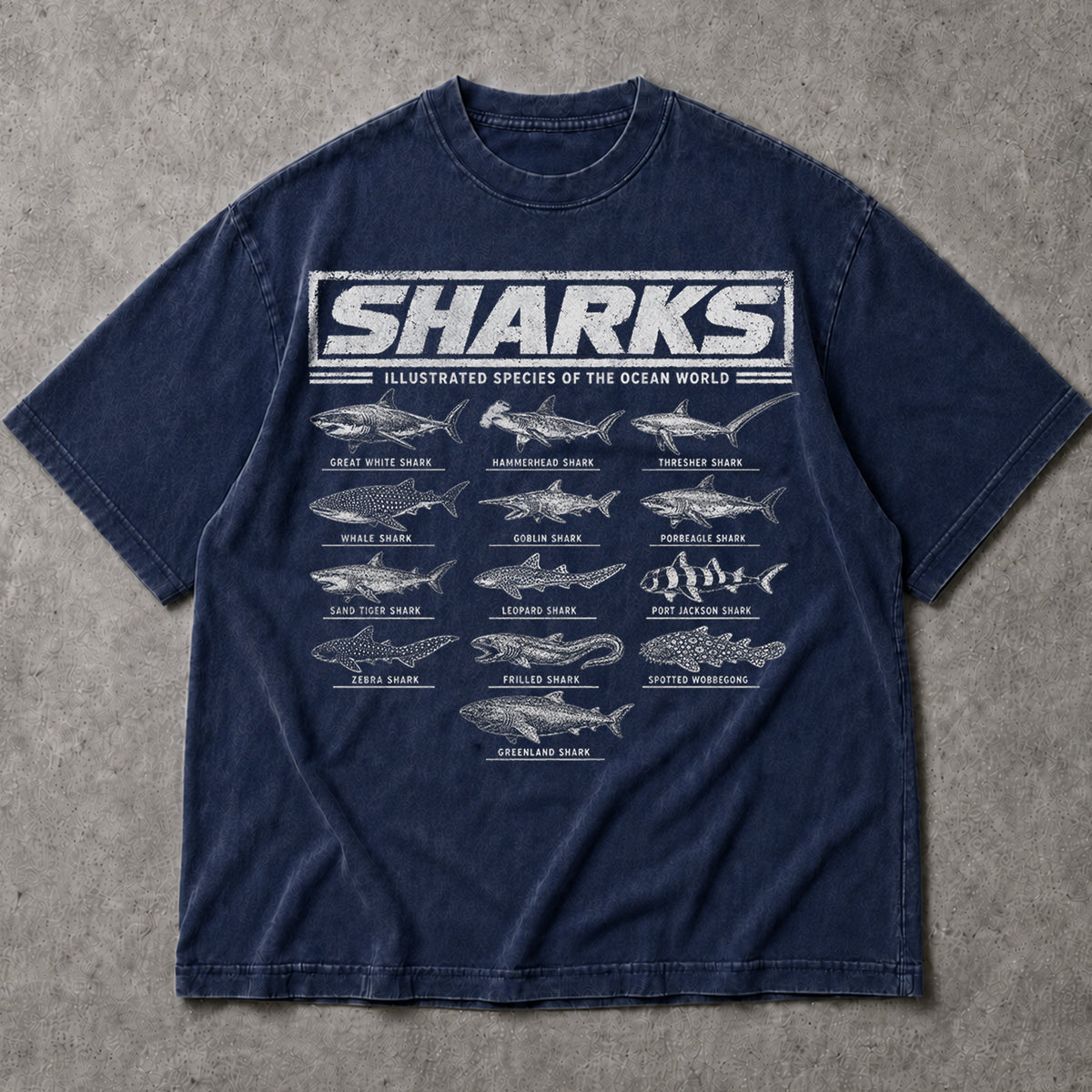 SF_COLOR=navy; SF_ITEM=adult-t-shirt; SF_ROLE=main; Vintage Sharks Illustrated Species T-Shirt Marine Biology Ocean Animal Apparel - Navy Adult T-Shirt product image