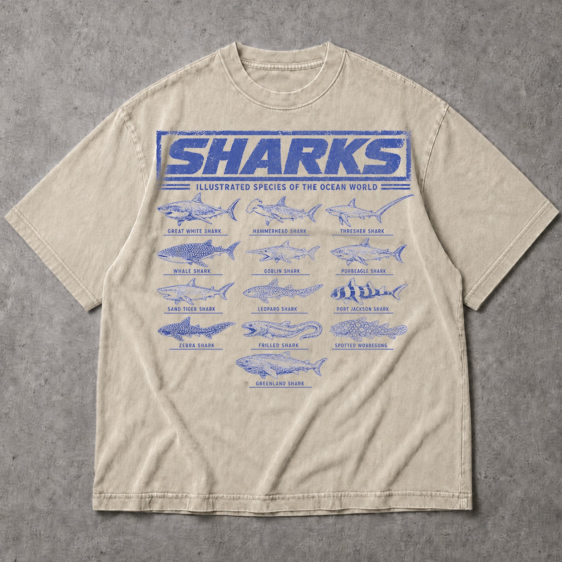 SF_COLOR=sand; SF_ITEM=adult-t-shirt; SF_ROLE=main; Vintage Sharks Illustrated Species T-Shirt Marine Biology Ocean Animal Apparel - Sand Adult T-Shirt product image