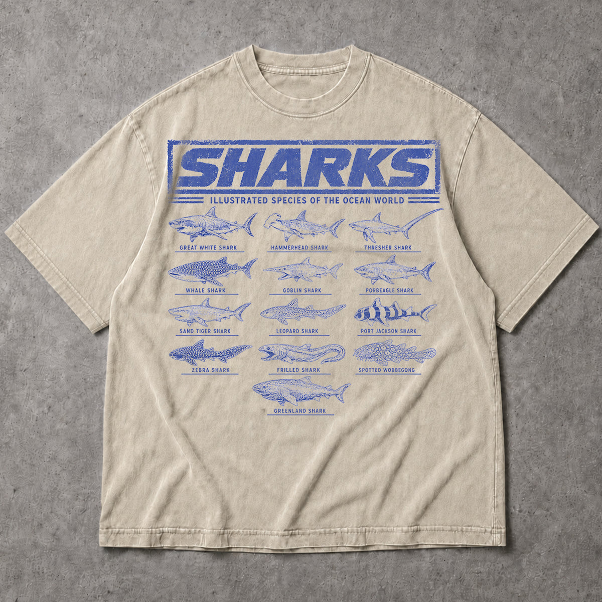 SF_COLOR=sand; SF_ITEM=adult-t-shirt; SF_ROLE=main; Vintage Sharks Illustrated Species T-Shirt Marine Biology Ocean Animal Apparel - Sand Adult T-Shirt product image
