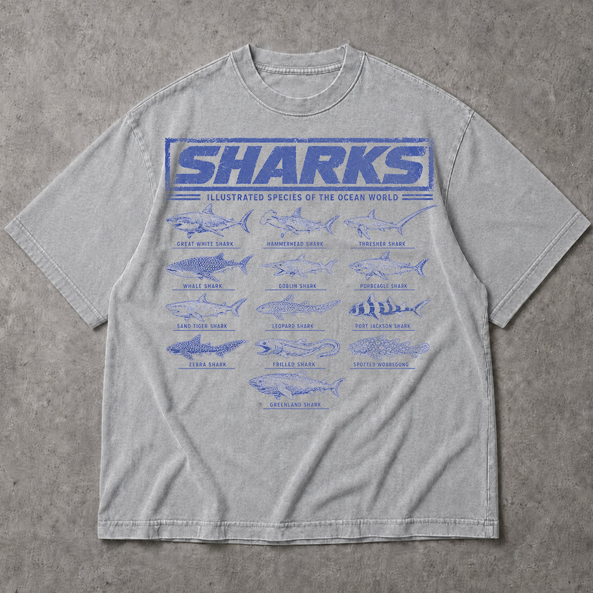 SF_COLOR=sport-grey; SF_ITEM=adult-t-shirt; SF_ROLE=main; Vintage Sharks Illustrated Species T-Shirt Marine Biology Ocean Animal Apparel - Sport Grey Adult T-Shirt product image