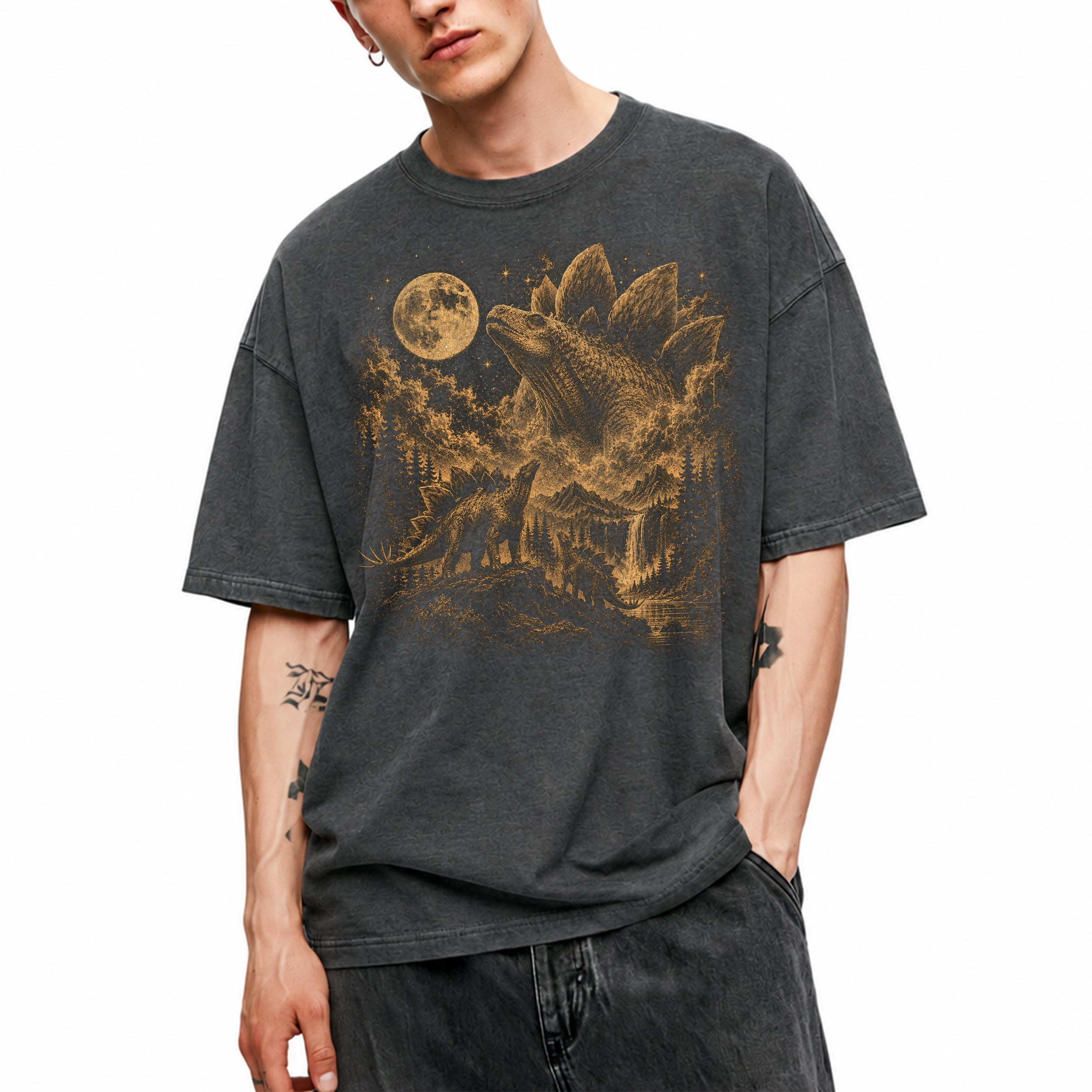 SF_COLOR=dark-heather; SF_ITEM=adult-t-shirt; SF_ROLE=main; Vintage Stegosaurus T-Shirt Dinosaur Looking At Moon Prehistoric Nature Apparel - Dark Heather Adult T-Shirt product image