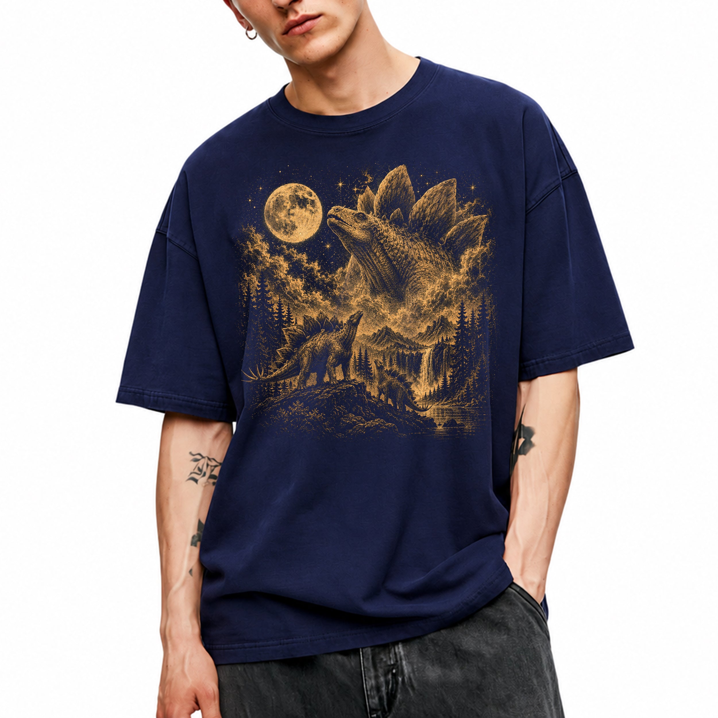 SF_COLOR=navy; SF_ITEM=adult-t-shirt; SF_ROLE=main; Vintage Stegosaurus T-Shirt Dinosaur Looking At Moon Prehistoric Nature Apparel - Navy Adult T-Shirt product image