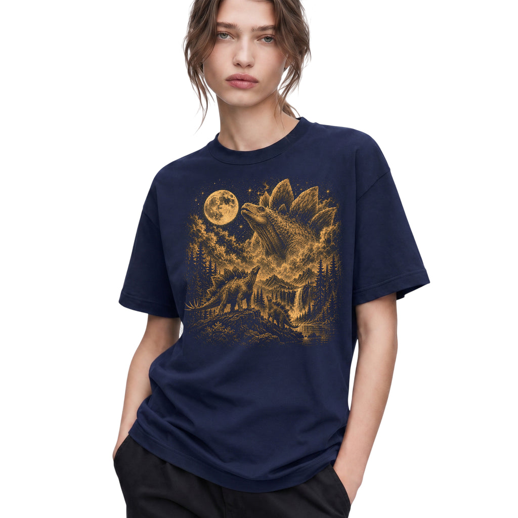 SF_COLOR=navy; SF_ITEM=adult-t-shirt; SF_ROLE=gallery; Vintage Stegosaurus T-Shirt Dinosaur Looking At Moon Prehistoric Nature Apparel - Navy Adult T-Shirt product image