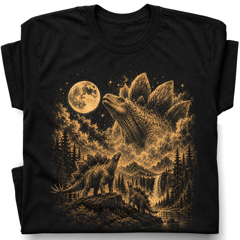 SF_COLOR=black; SF_ITEM=adult-t-shirt; SF_ROLE=gallery; Vintage Stegosaurus T-Shirt Dinosaur Looking At Moon Prehistoric Nature Apparel - Black Adult T-Shirt product image