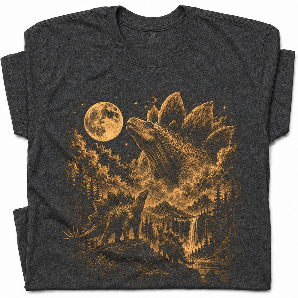 SF_COLOR=dark-heather; SF_ITEM=adult-t-shirt; SF_ROLE=gallery; Vintage Stegosaurus T-Shirt Dinosaur Looking At Moon Prehistoric Nature Apparel - Dark Heather Adult T-Shirt product image