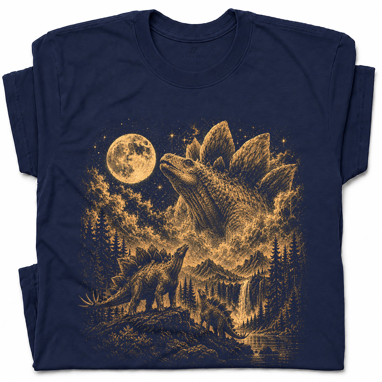 SF_COLOR=navy; SF_ITEM=adult-t-shirt; SF_ROLE=gallery; Vintage Stegosaurus T-Shirt Dinosaur Looking At Moon Prehistoric Nature Apparel - Navy Adult T-Shirt product image