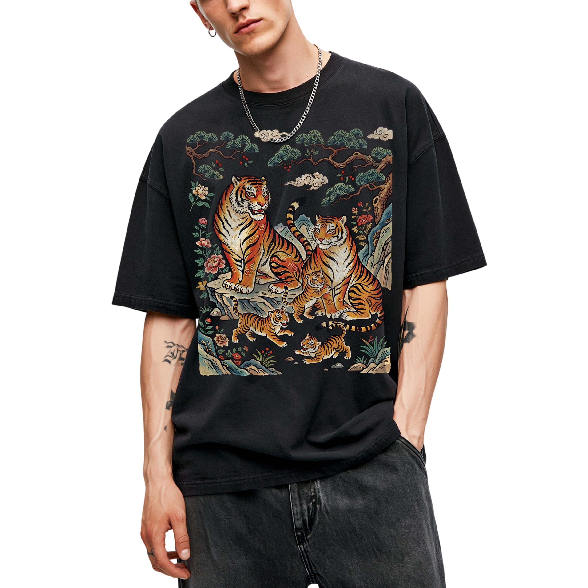 SF_COLOR=black; SF_ITEM=adult-t-shirt; SF_ROLE=main; Vintage Tiger Family Pine Tree Mushroom Forest Spirit Nature Lover T-Shirt - Black Adult T-Shirt product image