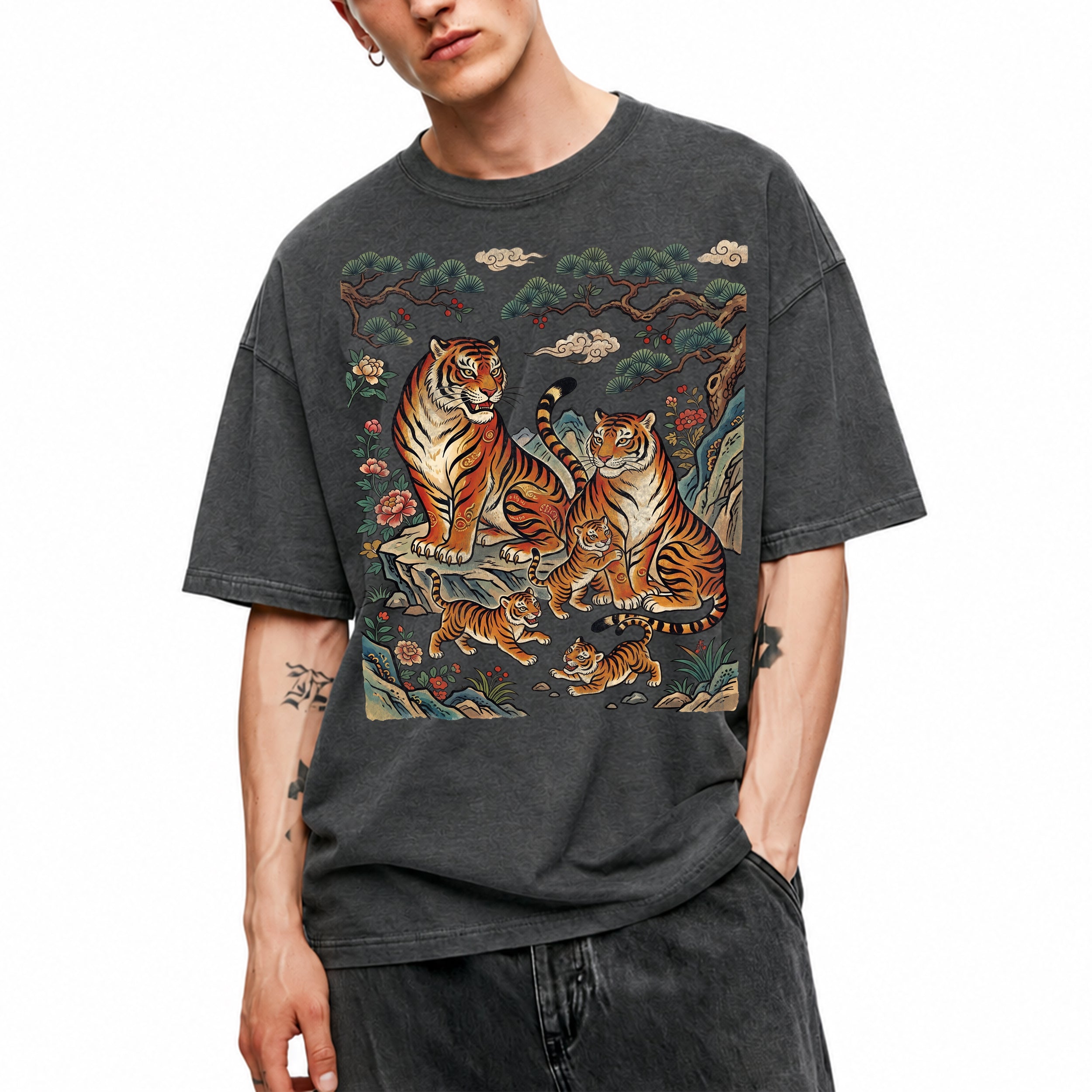 SF_COLOR=dark-heather; SF_ITEM=adult-t-shirt; SF_ROLE=main; Vintage Tiger Family Pine Tree Mushroom Forest Spirit Nature Lover T-Shirt - Dark Heather Adult T-Shirt product image
