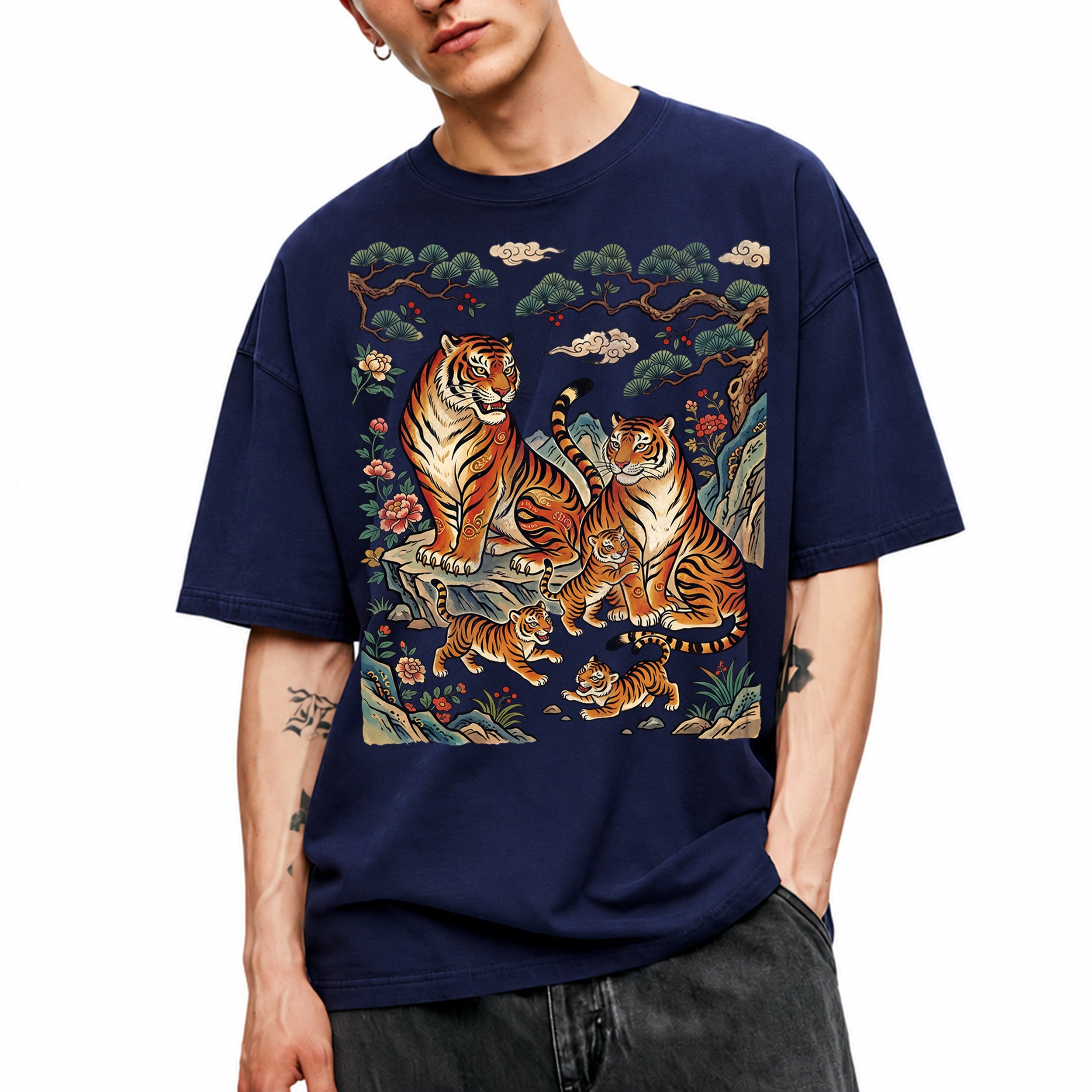 SF_COLOR=navy; SF_ITEM=adult-t-shirt; SF_ROLE=main; Vintage Tiger Family Pine Tree Mushroom Forest Spirit Nature Lover T-Shirt - Navy Adult T-Shirt product image