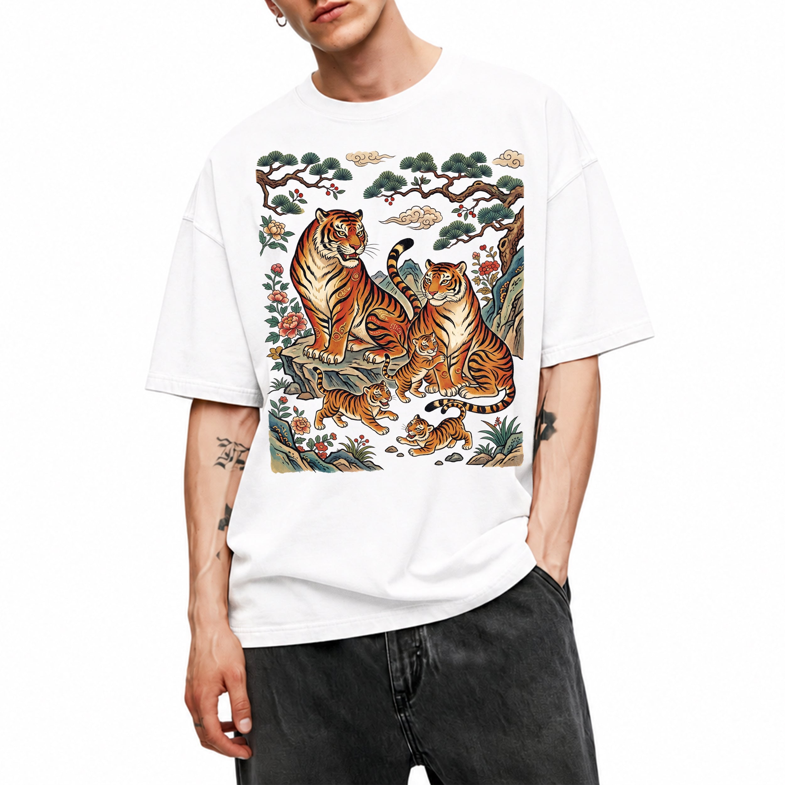 SF_COLOR=white; SF_ITEM=adult-t-shirt; SF_ROLE=main; Vintage Tiger Family Pine Tree Mushroom Forest Spirit Nature Lover T-Shirt - White Adult T-Shirt product image