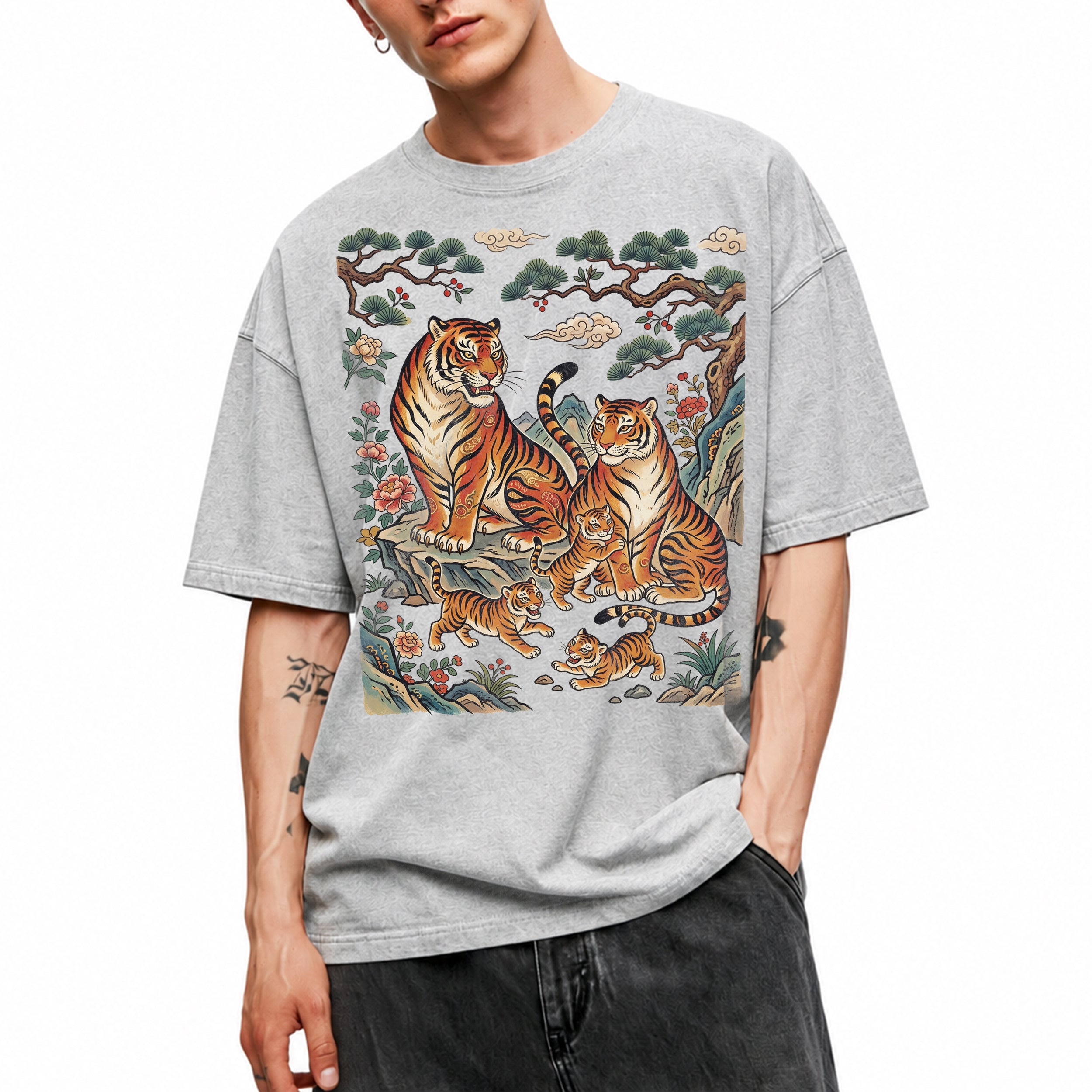 SF_COLOR=sport-grey; SF_ITEM=adult-t-shirt; SF_ROLE=main; Vintage Tiger Family Pine Tree Mushroom Forest Spirit Nature Lover T-Shirt - Sport Grey Adult T-Shirt product image