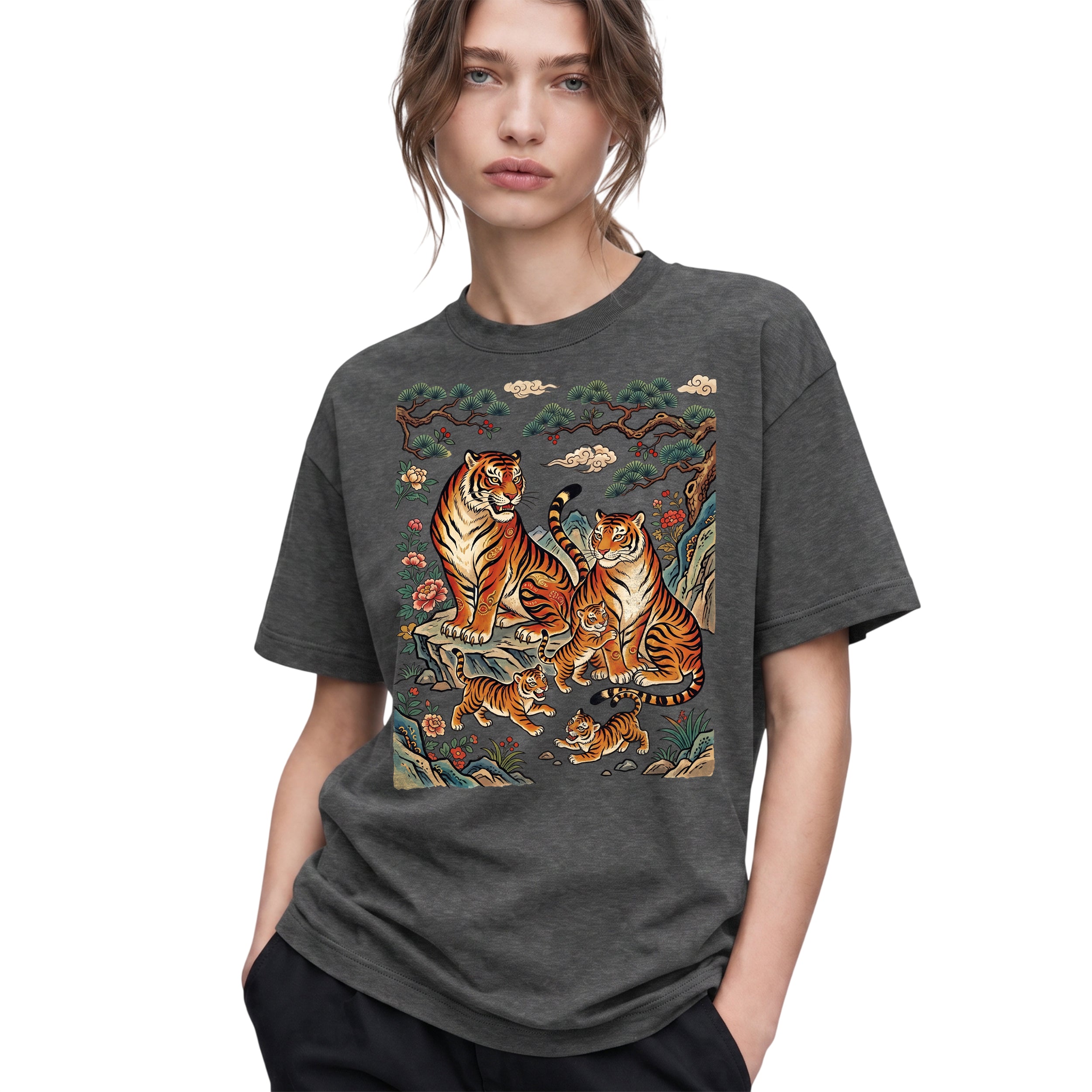 SF_COLOR=dark-heather; SF_ITEM=adult-t-shirt; SF_ROLE=gallery; Vintage Tiger Family Pine Tree Mushroom Forest Spirit Nature Lover T-Shirt - Dark Heather Adult T-Shirt product image