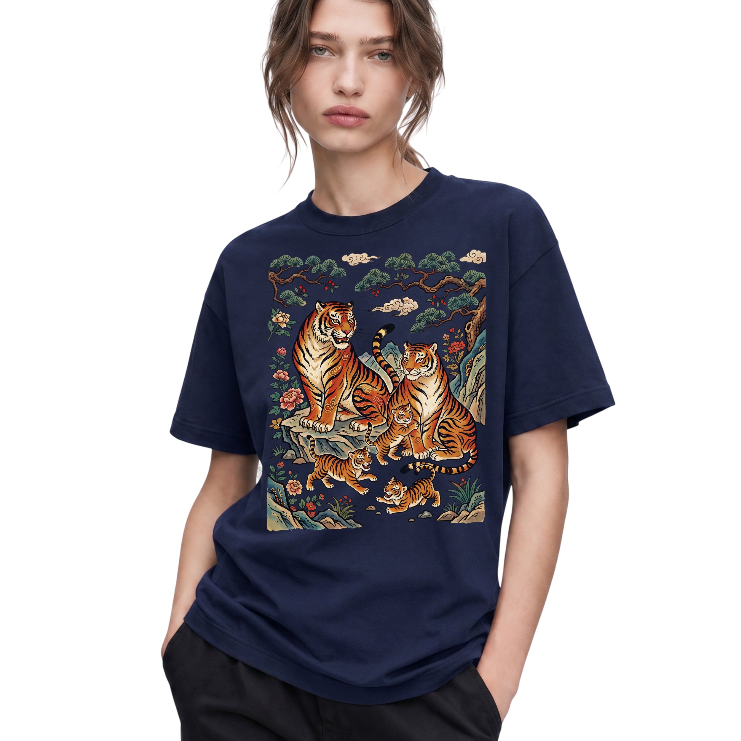 SF_COLOR=navy; SF_ITEM=adult-t-shirt; SF_ROLE=gallery; Vintage Tiger Family Pine Tree Mushroom Forest Spirit Nature Lover T-Shirt - Navy Adult T-Shirt product image