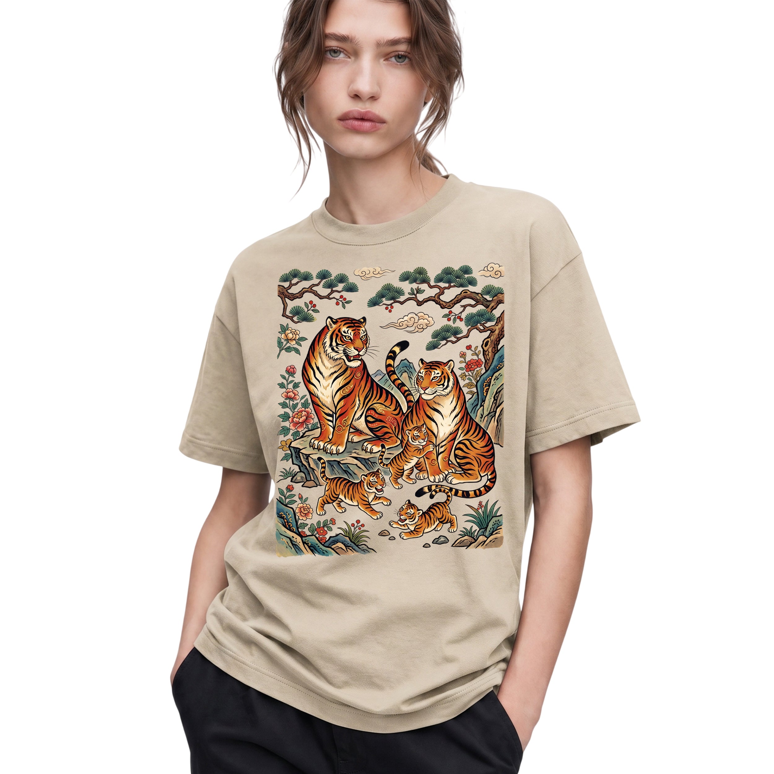 SF_COLOR=sand; SF_ITEM=adult-t-shirt; SF_ROLE=gallery; Vintage Tiger Family Pine Tree Mushroom Forest Spirit Nature Lover T-Shirt - Sand Adult T-Shirt product image