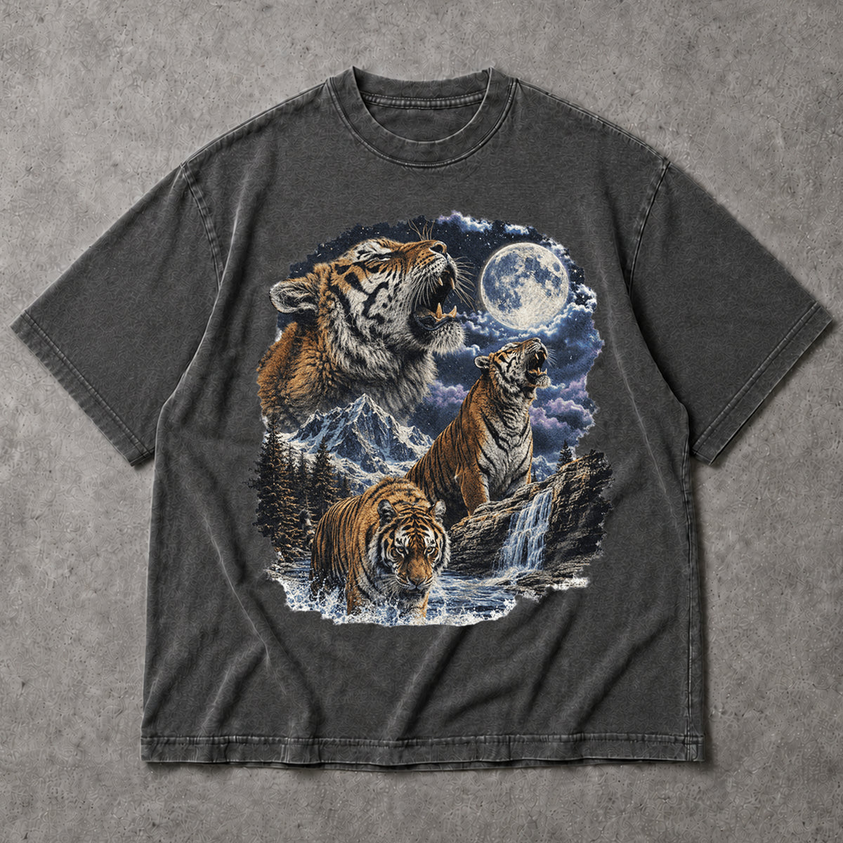 SF_COLOR=dark-heather; SF_ITEM=adult-t-shirt; SF_ROLE=main; Vintage Tigers Howling At The Moon T-Shirt Nature Wildlife Animal Outdoors Tee - Dark Heather Adult T-Shirt product image