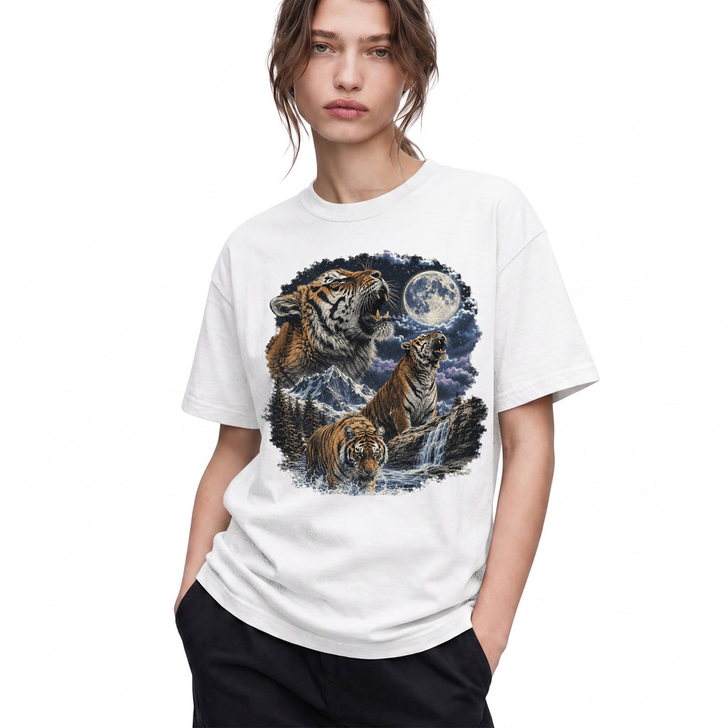 SF_COLOR=white; SF_ITEM=adult-t-shirt; SF_ROLE=gallery; Vintage Tigers Howling At The Moon T-Shirt Nature Wildlife Animal Outdoors Tee - White Adult T-Shirt product image