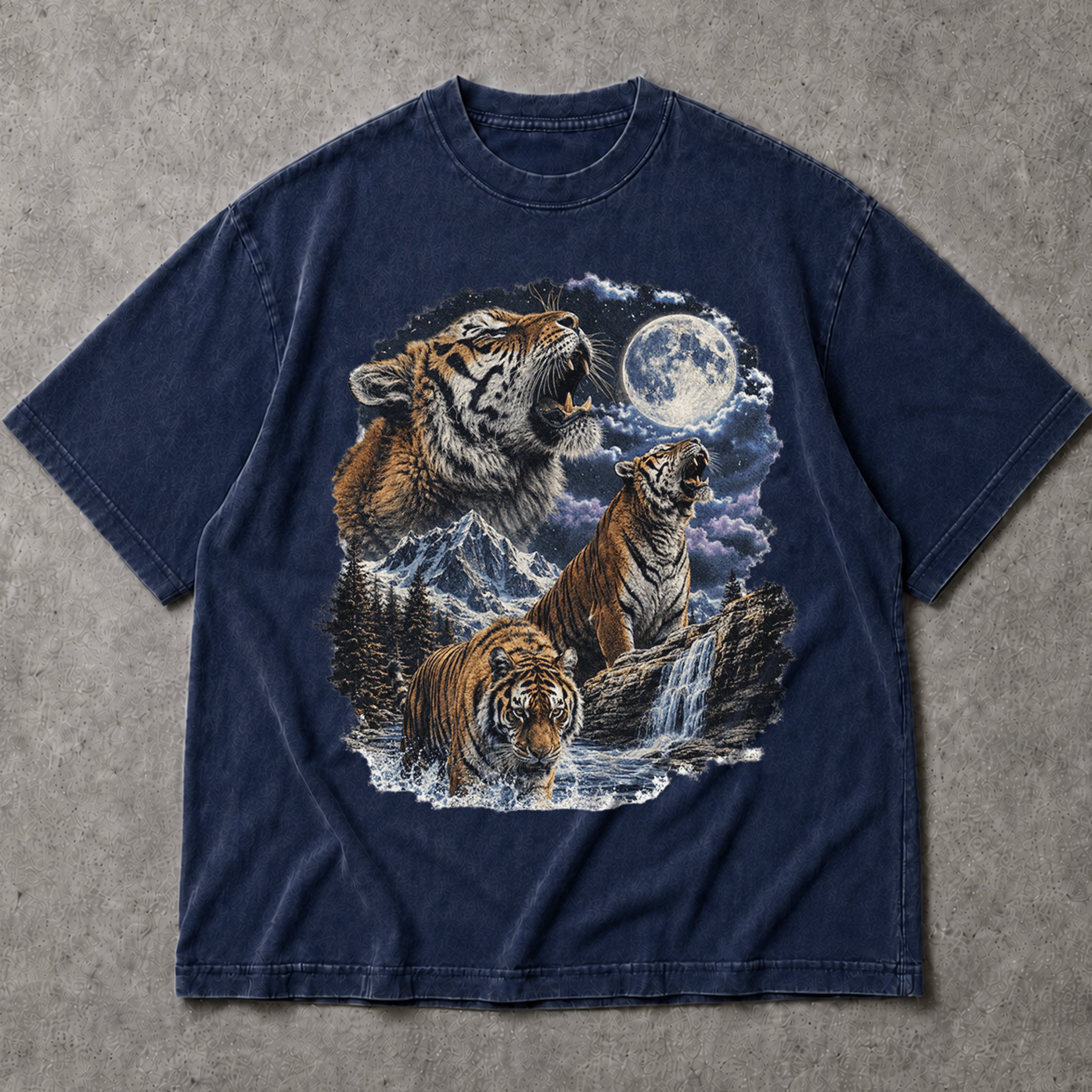 SF_COLOR=navy; SF_ITEM=adult-t-shirt; SF_ROLE=main; Vintage Tigers Howling At The Moon T-Shirt Nature Wildlife Animal Outdoors Tee - Navy Adult T-Shirt product image