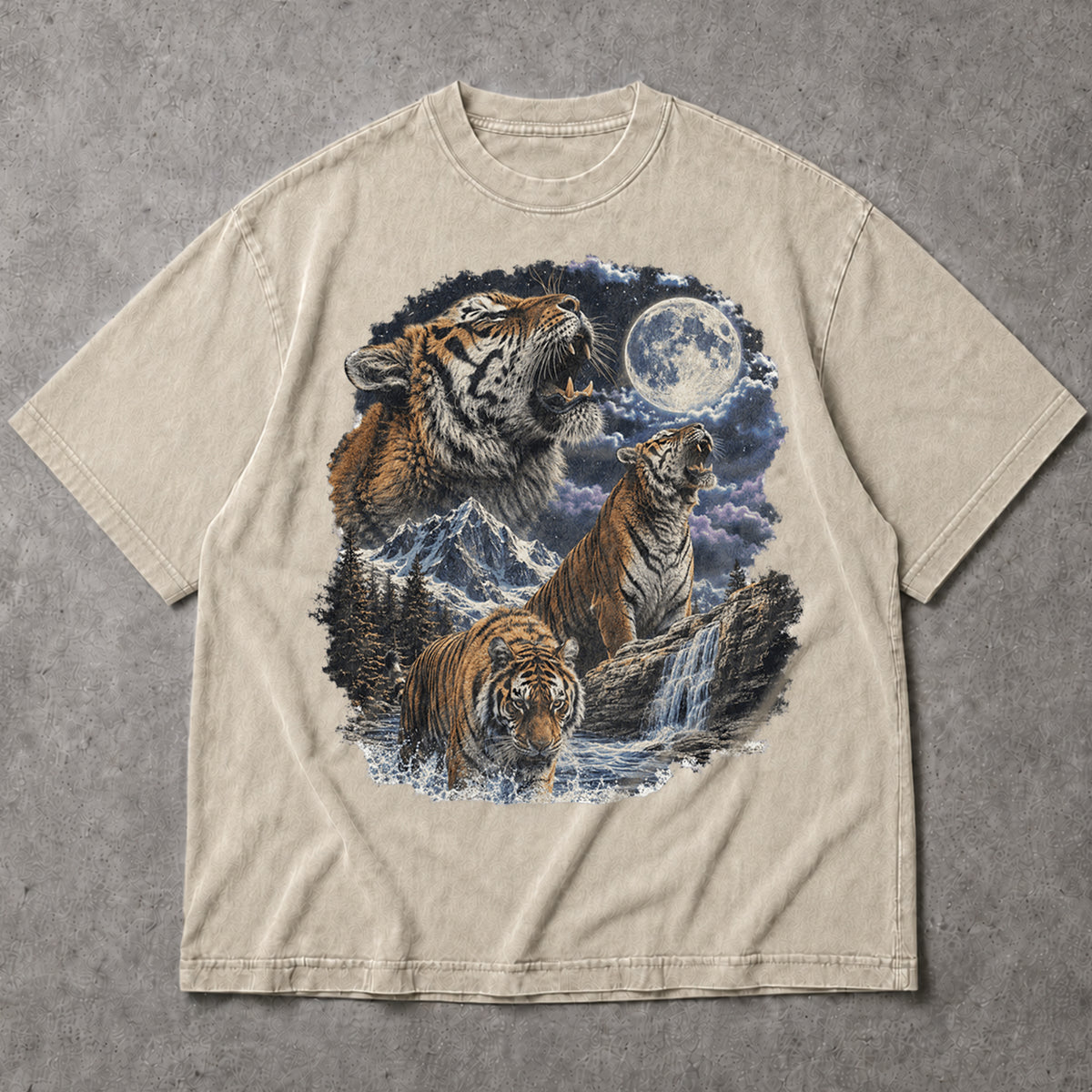 SF_COLOR=sand; SF_ITEM=adult-t-shirt; SF_ROLE=main; Vintage Tigers Howling At The Moon T-Shirt Nature Wildlife Animal Outdoors Tee - Sand Adult T-Shirt product image