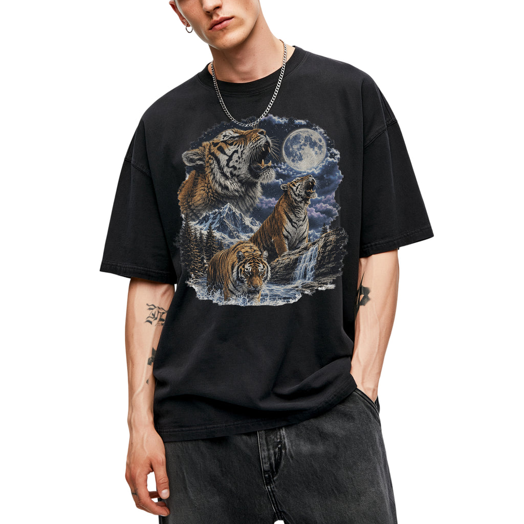 SF_COLOR=black; SF_ITEM=adult-t-shirt; SF_ROLE=gallery; Vintage Tigers Howling At The Moon T-Shirt Nature Wildlife Animal Outdoors Tee - Black Adult T-Shirt product image