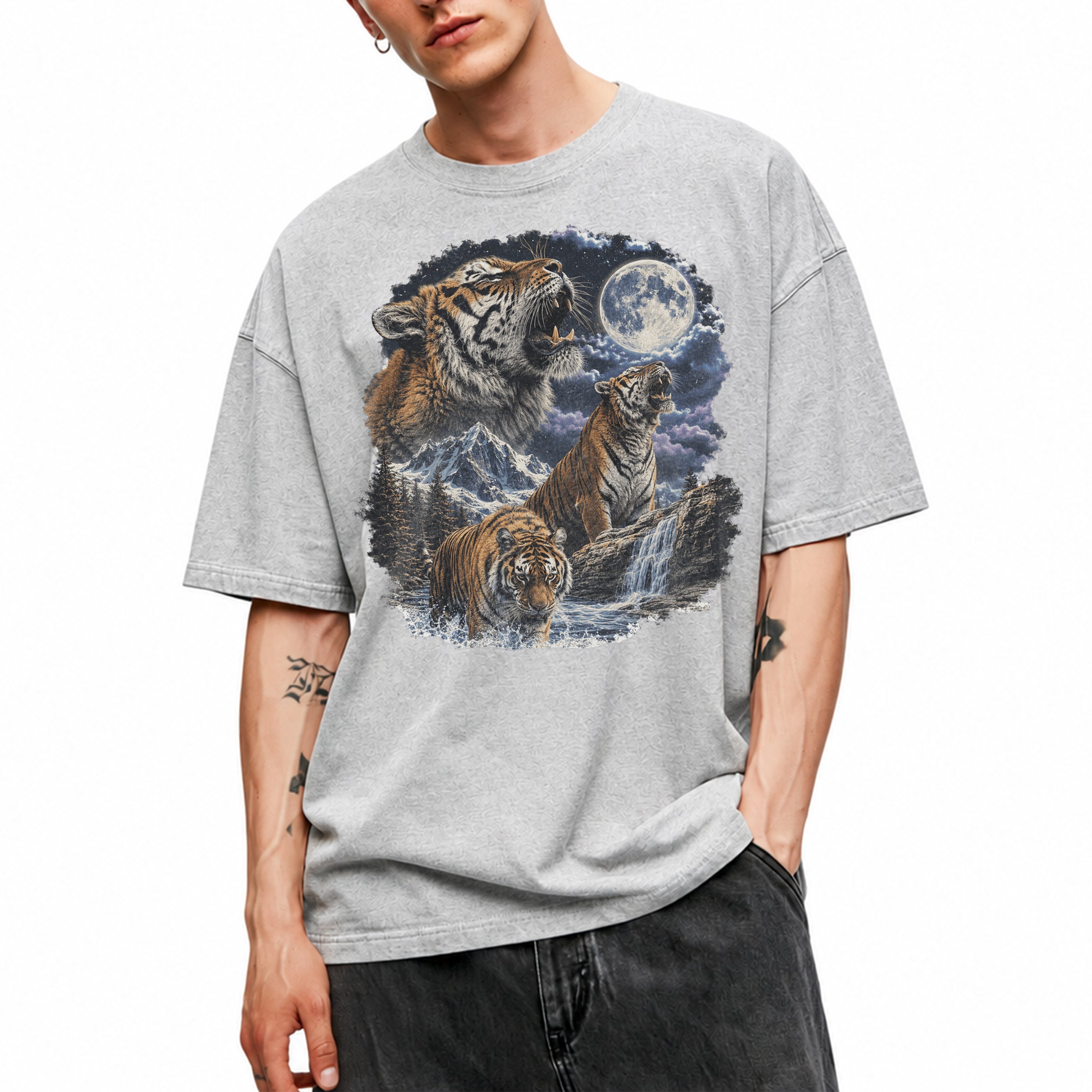 SF_COLOR=sport-grey; SF_ITEM=adult-t-shirt; SF_ROLE=gallery; Vintage Tigers Howling At The Moon T-Shirt Nature Wildlife Animal Outdoors Tee - Sport Grey Adult T-Shirt product image