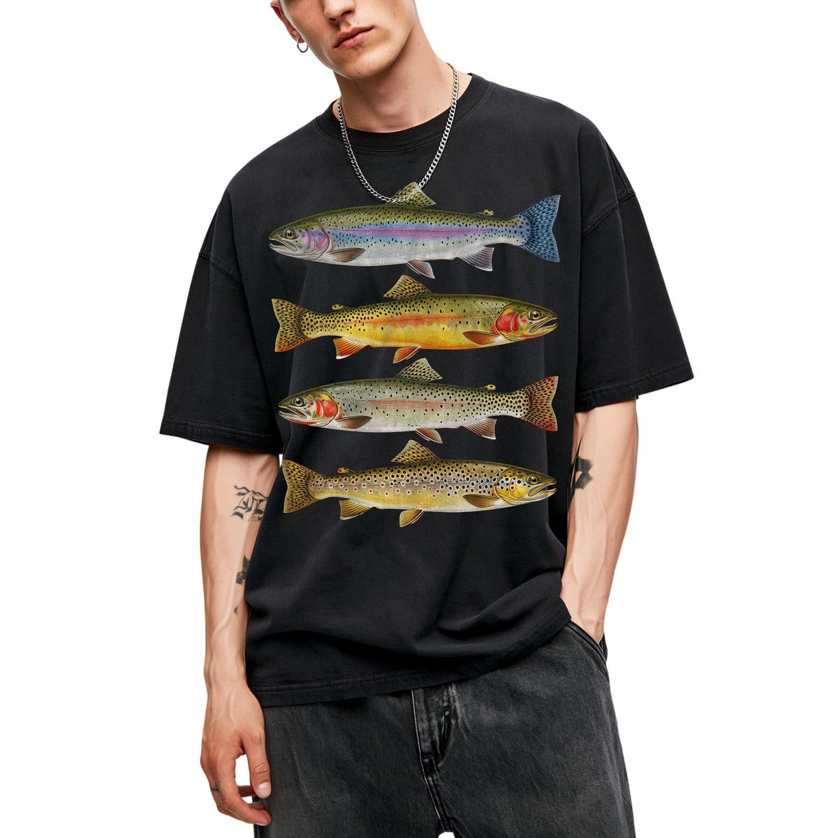 SF_COLOR=black; SF_ITEM=adult-t-shirt; SF_ROLE=main; Vintage Trout Species T-Shirt Fly Fishing Rainbow Brown Fish Nature Angler Tee - Black Adult T-Shirt product image