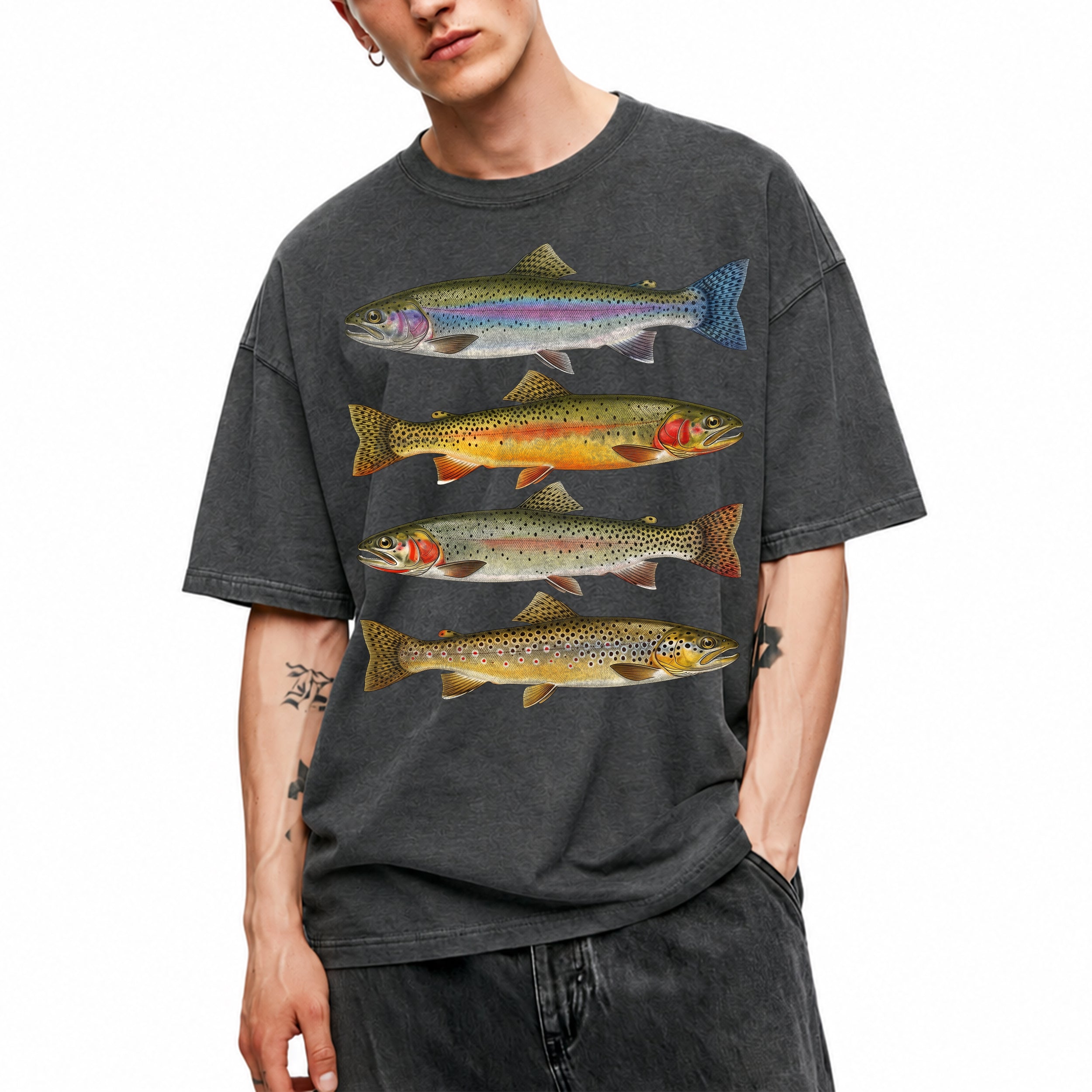 SF_COLOR=dark-heather; SF_ITEM=adult-t-shirt; SF_ROLE=main; Vintage Trout Species T-Shirt Fly Fishing Rainbow Brown Fish Nature Angler Tee - Dark Heather Adult T-Shirt product image
