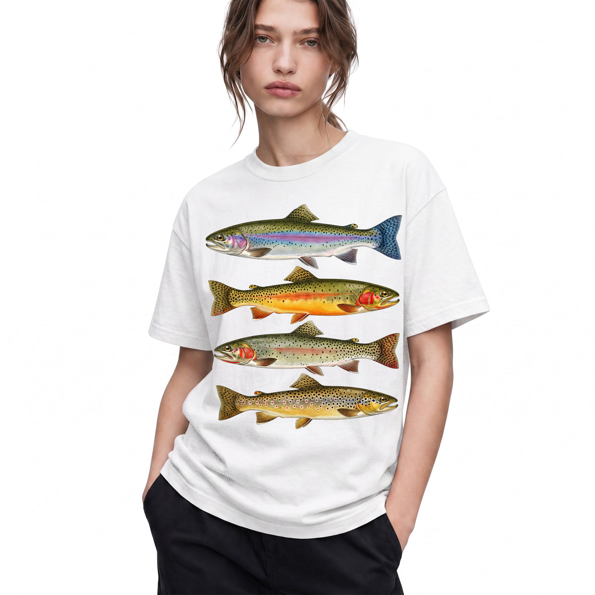 SF_COLOR=white; SF_ITEM=adult-t-shirt; SF_ROLE=gallery; Vintage Trout Species T-Shirt Fly Fishing Rainbow Brown Fish Nature Angler Tee - White Adult T-Shirt product image