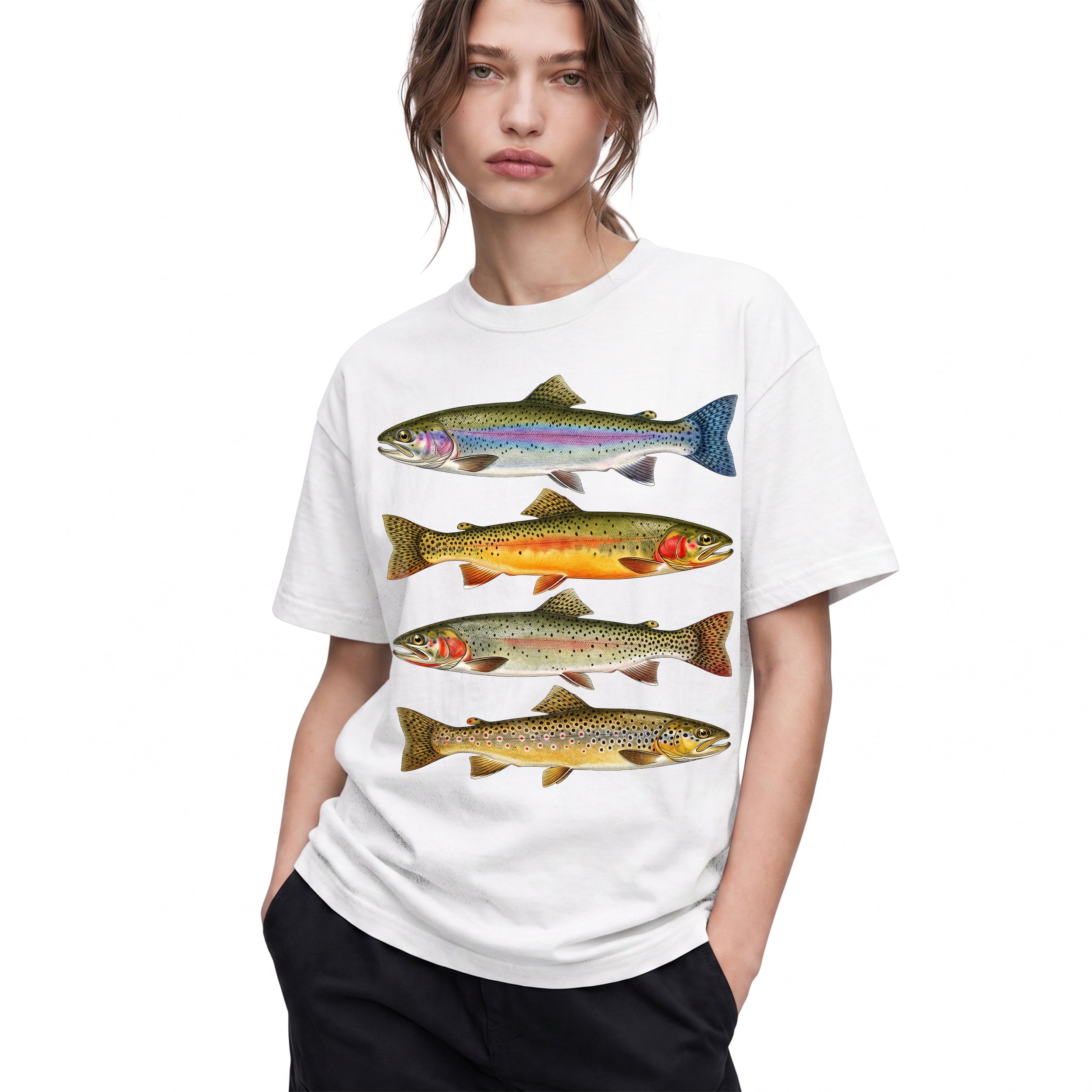 SF_COLOR=white; SF_ITEM=adult-t-shirt; SF_ROLE=gallery; Vintage Trout Species T-Shirt Fly Fishing Rainbow Brown Fish Nature Angler Tee - White Adult T-Shirt product image