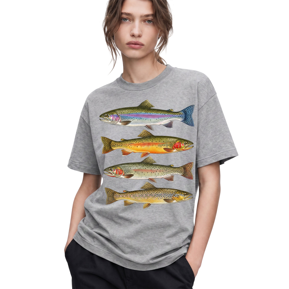 SF_COLOR=sport-grey; SF_ITEM=adult-t-shirt; SF_ROLE=gallery; Vintage Trout Species T-Shirt Fly Fishing Rainbow Brown Fish Nature Angler Tee - Sport Grey Adult T-Shirt product image