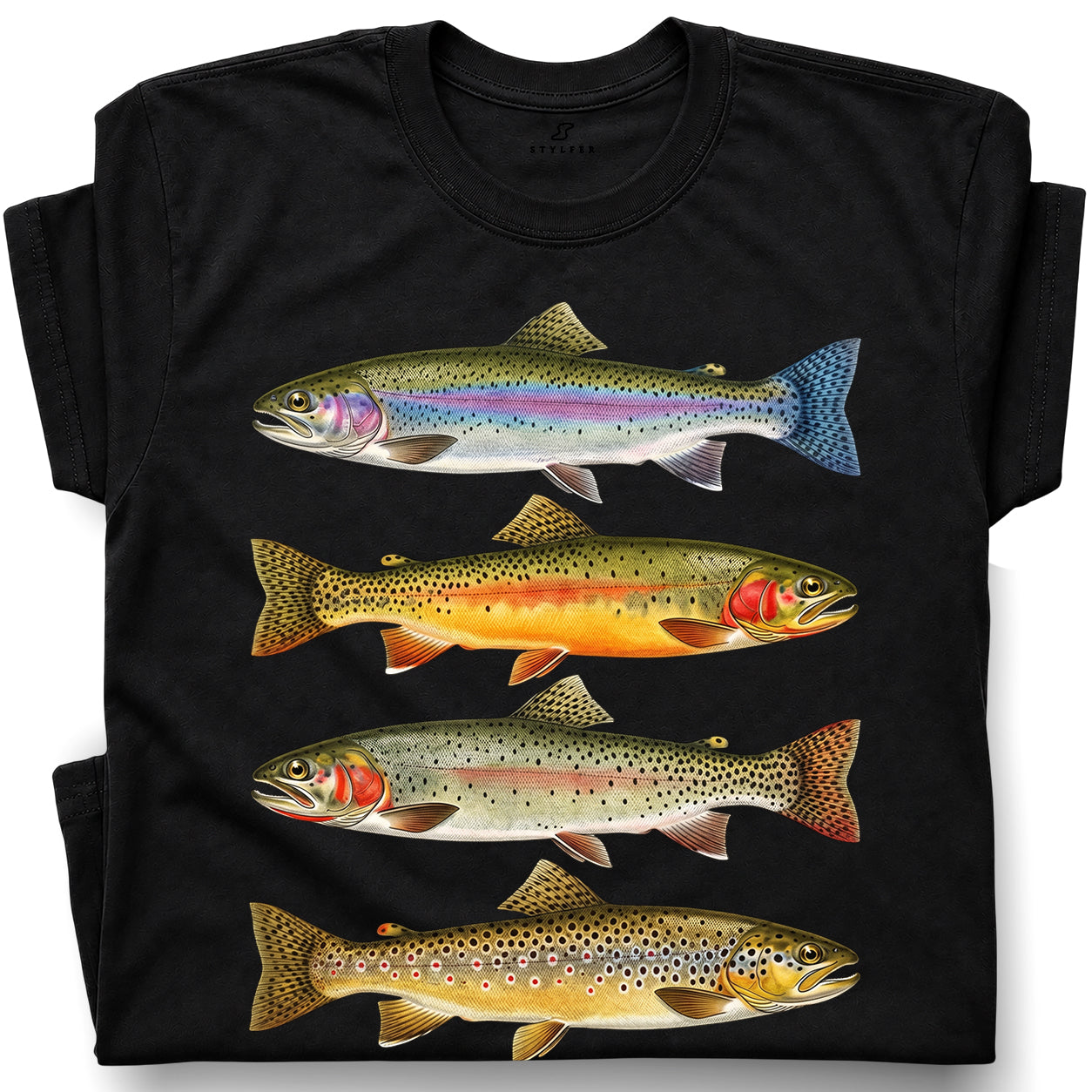 SF_COLOR=black; SF_ITEM=adult-t-shirt; SF_ROLE=gallery; Vintage Trout Species T-Shirt Fly Fishing Rainbow Brown Fish Nature Angler Tee - Black Adult T-Shirt product image