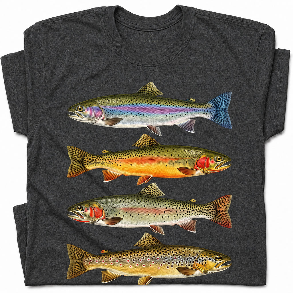 SF_COLOR=dark-heather; SF_ITEM=adult-t-shirt; SF_ROLE=gallery; Vintage Trout Species T-Shirt Fly Fishing Rainbow Brown Fish Nature Angler Tee - Dark Heather Adult T-Shirt product image