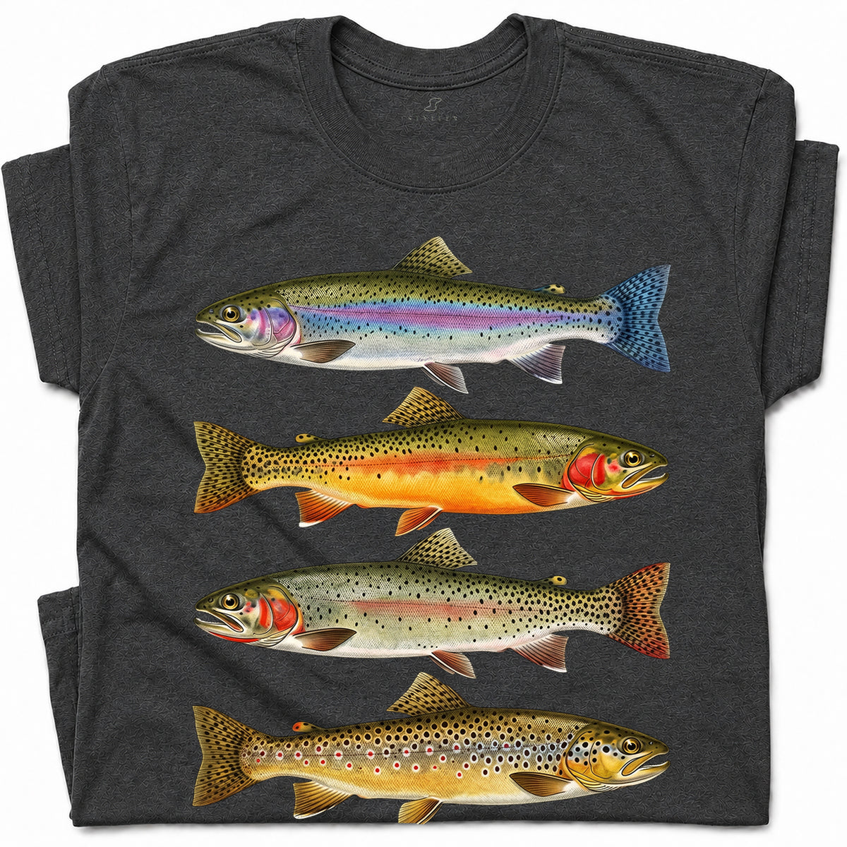 SF_COLOR=dark-heather; SF_ITEM=adult-t-shirt; SF_ROLE=gallery; Vintage Trout Species T-Shirt Fly Fishing Rainbow Brown Fish Nature Angler Tee - Dark Heather Adult T-Shirt product image