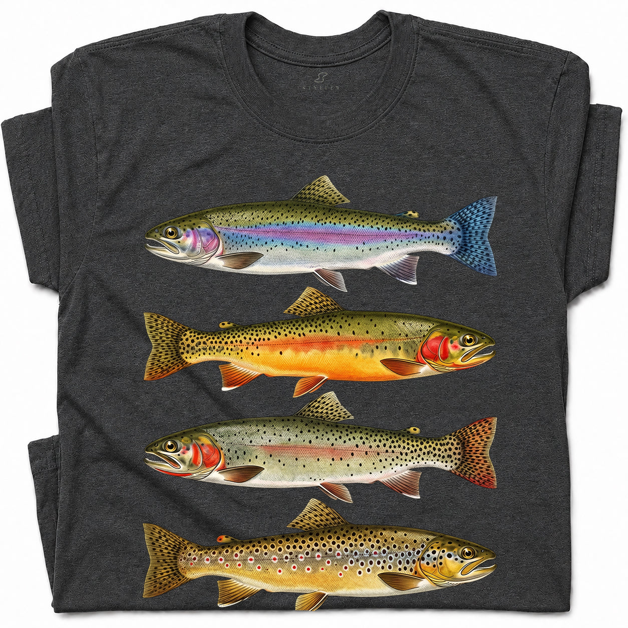 SF_COLOR=dark-heather; SF_ITEM=adult-t-shirt; SF_ROLE=gallery; Vintage Trout Species T-Shirt Fly Fishing Rainbow Brown Fish Nature Angler Tee - Dark Heather Adult T-Shirt product image