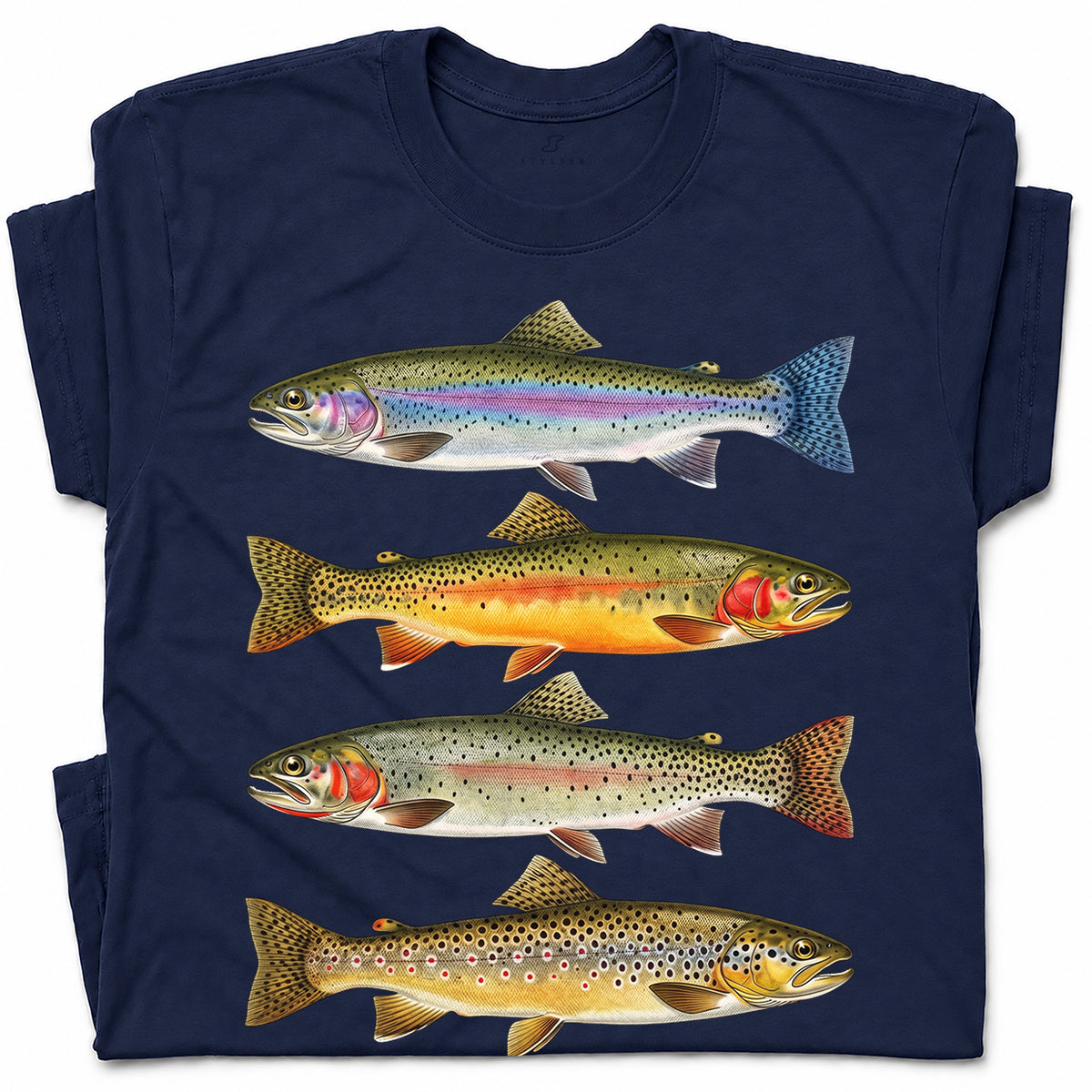 SF_COLOR=navy; SF_ITEM=adult-t-shirt; SF_ROLE=gallery; Vintage Trout Species T-Shirt Fly Fishing Rainbow Brown Fish Nature Angler Tee - Navy Adult T-Shirt product image