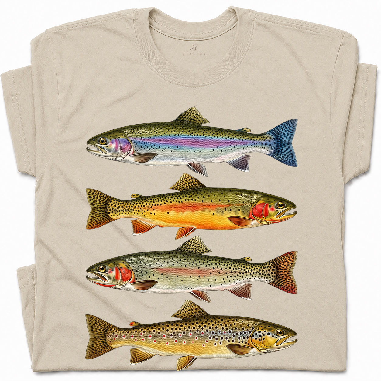 SF_COLOR=sand; SF_ITEM=adult-t-shirt; SF_ROLE=gallery; Vintage Trout Species T-Shirt Fly Fishing Rainbow Brown Fish Nature Angler Tee - Sand Adult T-Shirt product image