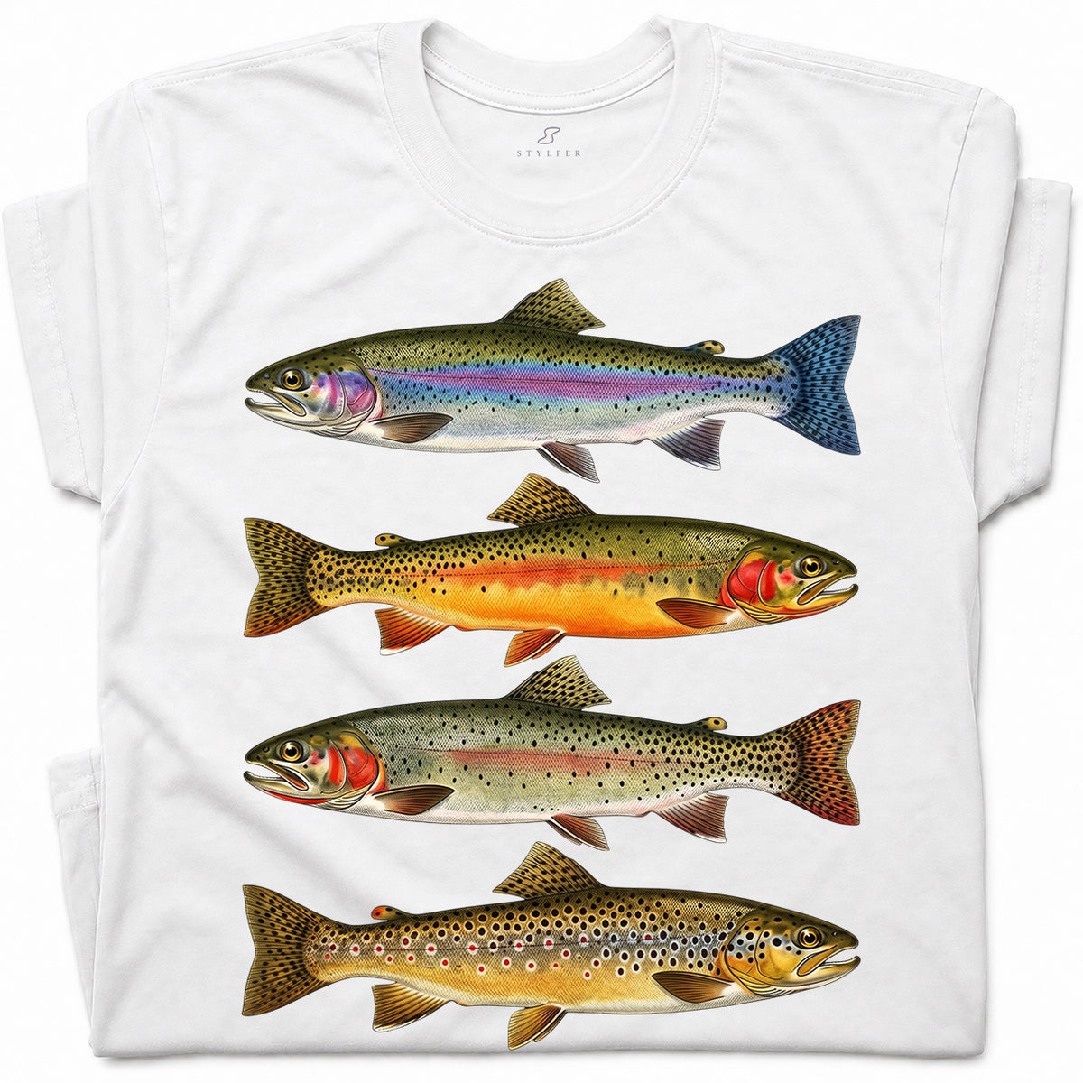 SF_COLOR=white; SF_ITEM=adult-t-shirt; SF_ROLE=gallery; Vintage Trout Species T-Shirt Fly Fishing Rainbow Brown Fish Nature Angler Tee - White Adult T-Shirt product image