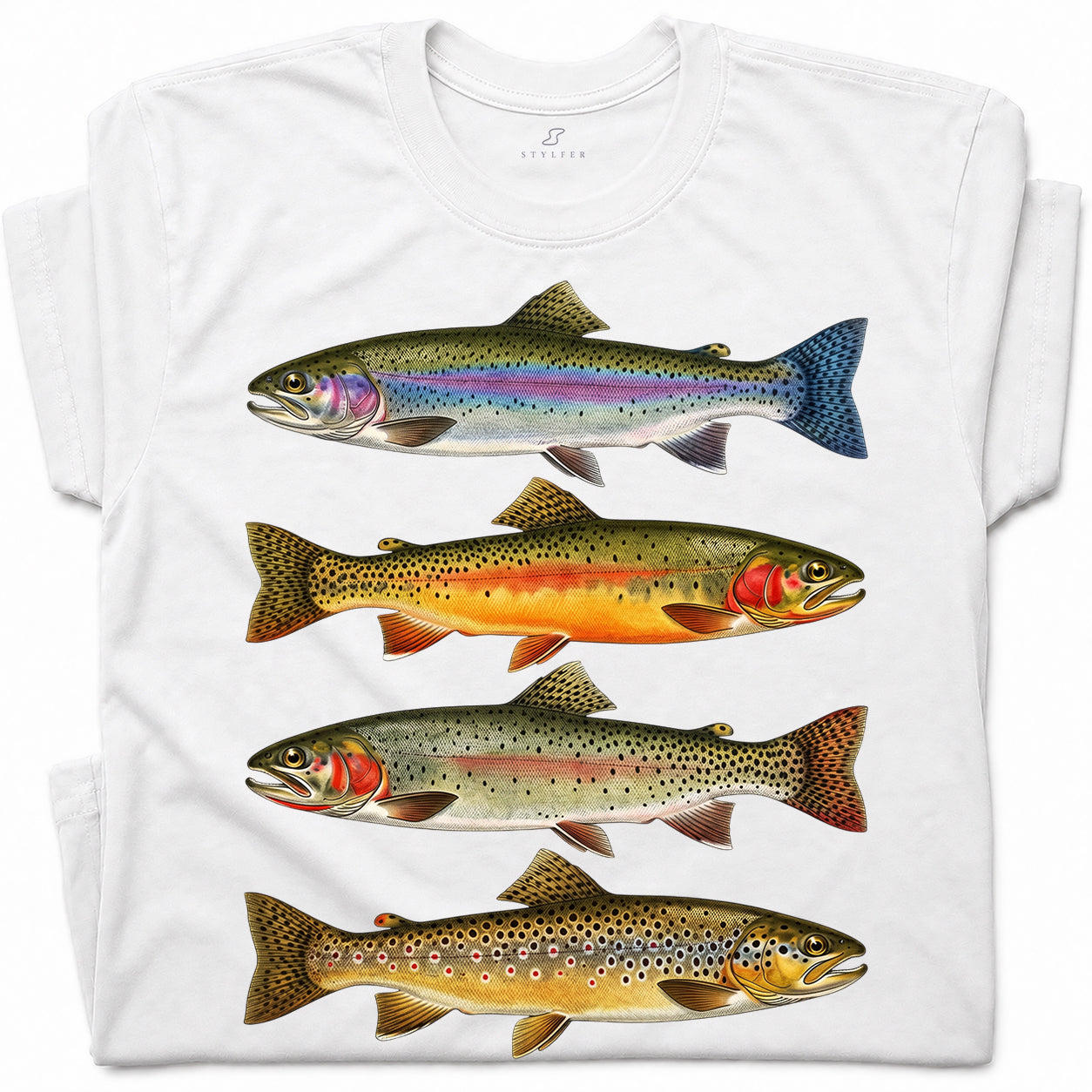 SF_COLOR=white; SF_ITEM=adult-t-shirt; SF_ROLE=gallery; Vintage Trout Species T-Shirt Fly Fishing Rainbow Brown Fish Nature Angler Tee - White Adult T-Shirt product image
