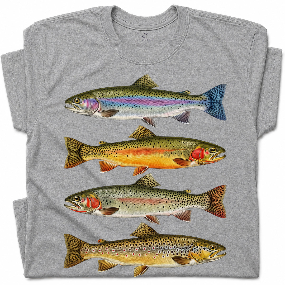 SF_COLOR=sport-grey; SF_ITEM=adult-t-shirt; SF_ROLE=gallery; Vintage Trout Species T-Shirt Fly Fishing Rainbow Brown Fish Nature Angler Tee - Sport Grey Adult T-Shirt product image