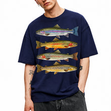SF_COLOR=navy; SF_ITEM=adult-t-shirt; SF_ROLE=main; Vintage Trout Species T-Shirt Fly Fishing Rainbow Brown Fish Nature Angler Tee - Navy Adult T-Shirt product image