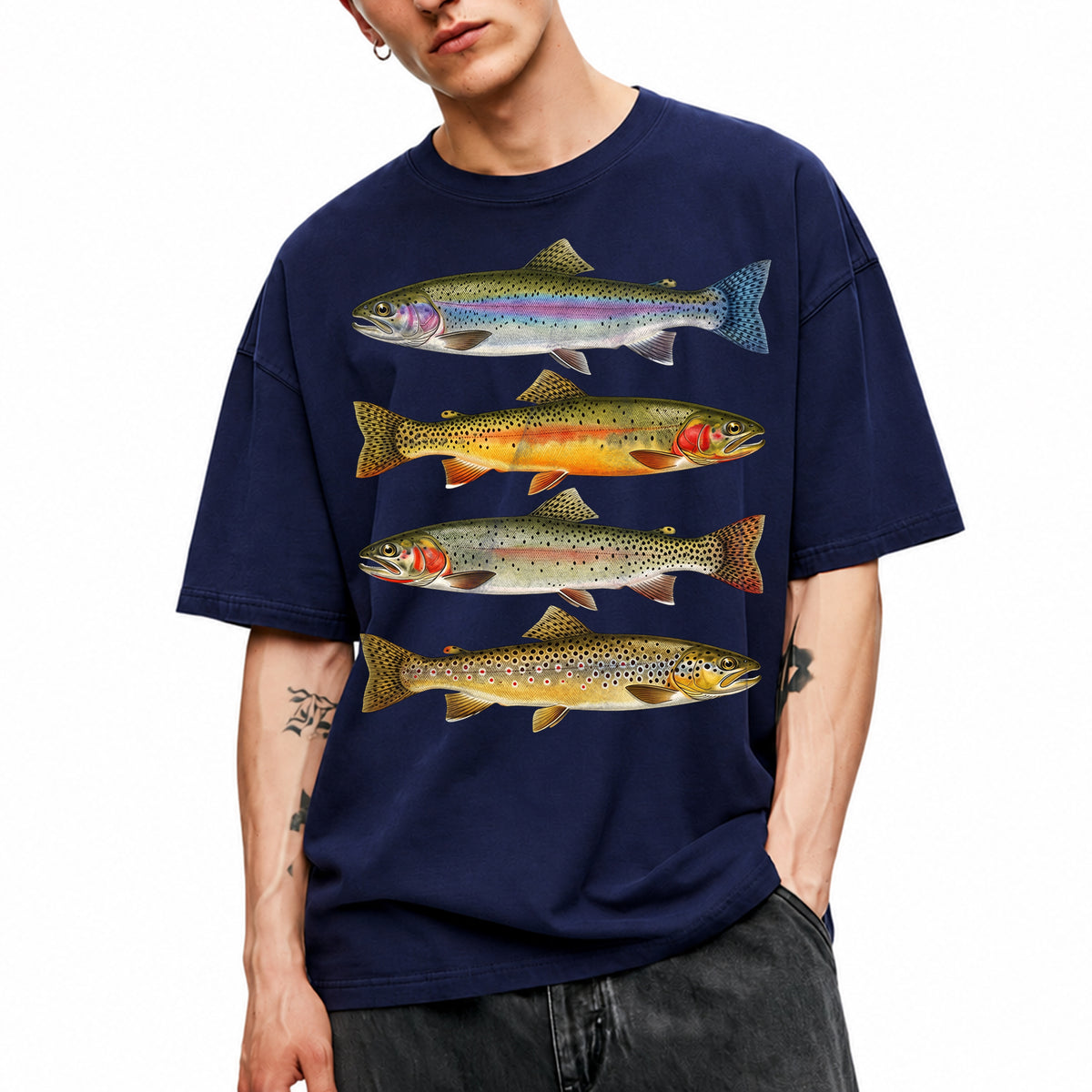 SF_COLOR=navy; SF_ITEM=adult-t-shirt; SF_ROLE=main; Vintage Trout Species T-Shirt Fly Fishing Rainbow Brown Fish Nature Angler Tee - Navy Adult T-Shirt product image