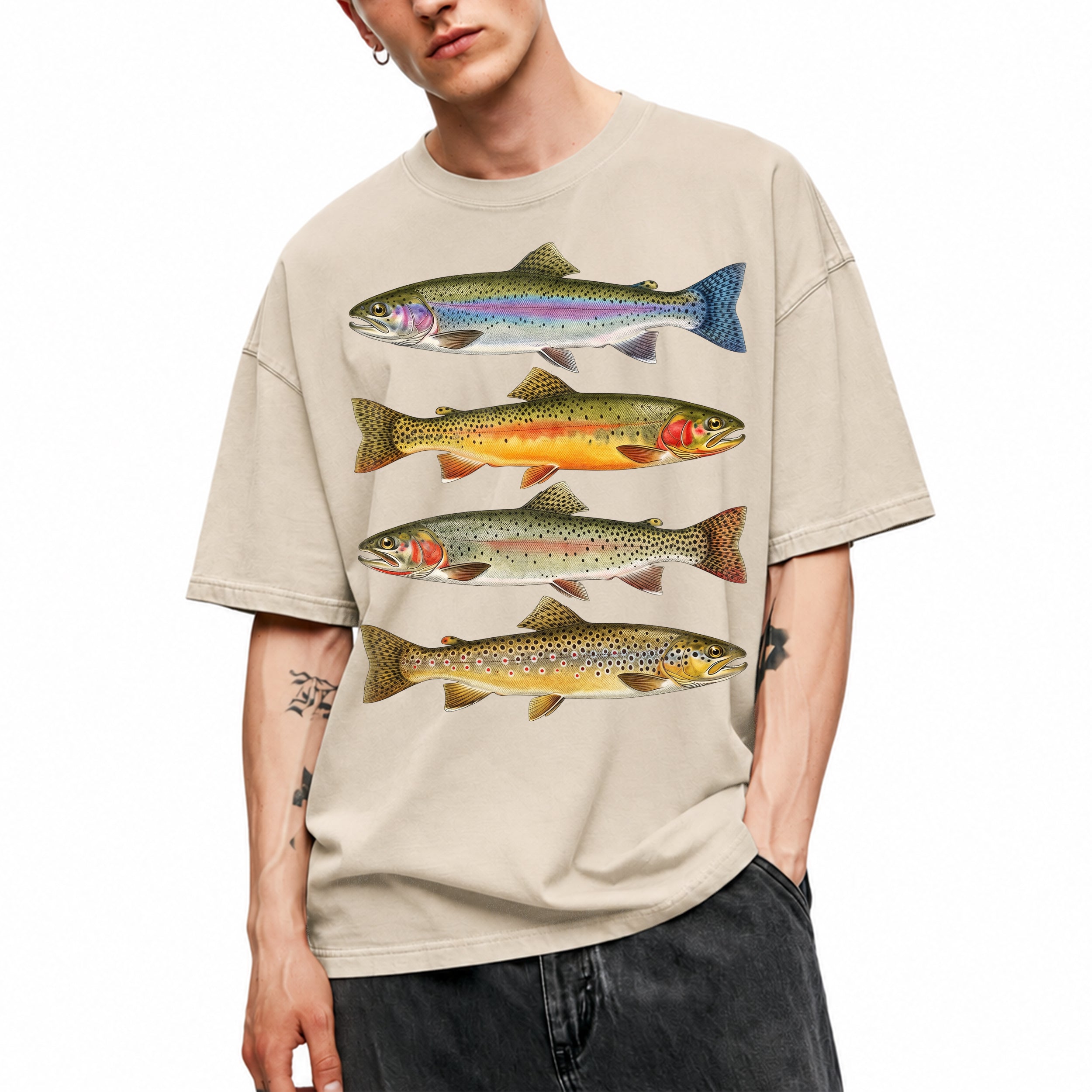 SF_COLOR=sand; SF_ITEM=adult-t-shirt; SF_ROLE=main; Vintage Trout Species T-Shirt Fly Fishing Rainbow Brown Fish Nature Angler Tee - Sand Adult T-Shirt product image
