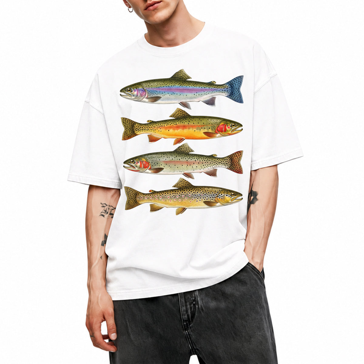 SF_COLOR=white; SF_ITEM=adult-t-shirt; SF_ROLE=main; Vintage Trout Species T-Shirt Fly Fishing Rainbow Brown Fish Nature Angler Tee - White Adult T-Shirt product image