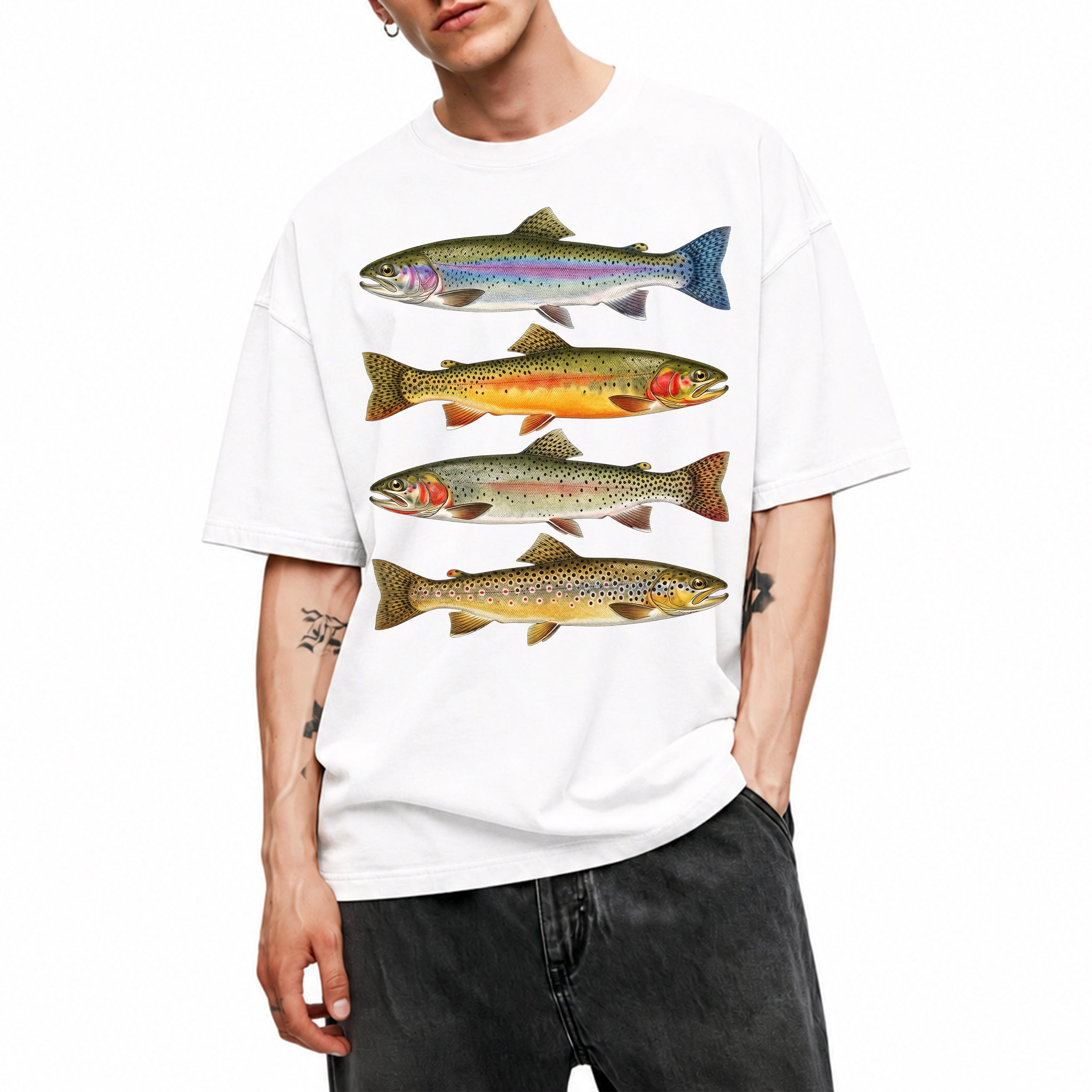 SF_COLOR=white; SF_ITEM=adult-t-shirt; SF_ROLE=main; Vintage Trout Species T-Shirt Fly Fishing Rainbow Brown Fish Nature Angler Tee - White Adult T-Shirt product image