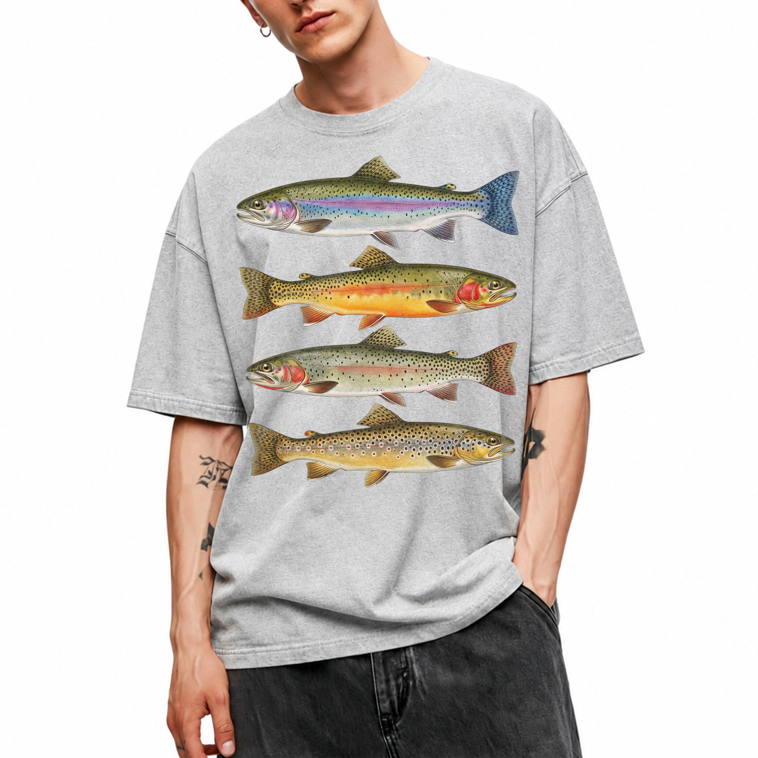 SF_COLOR=sport-grey; SF_ITEM=adult-t-shirt; SF_ROLE=main; Vintage Trout Species T-Shirt Fly Fishing Rainbow Brown Fish Nature Angler Tee - Sport Grey Adult T-Shirt product image